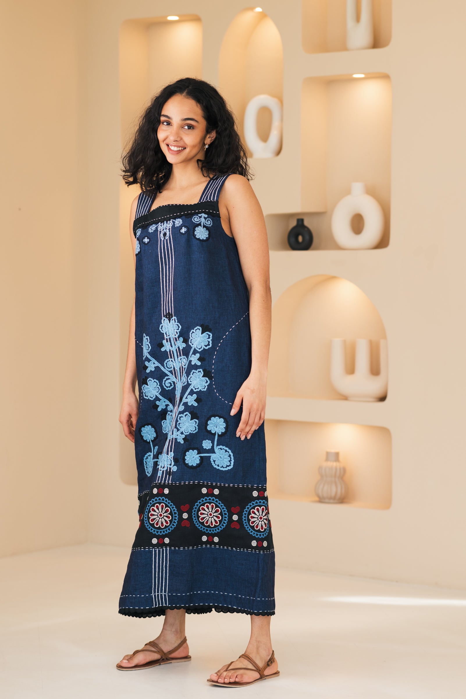Floral embroidered dress Summer boho sundress XS