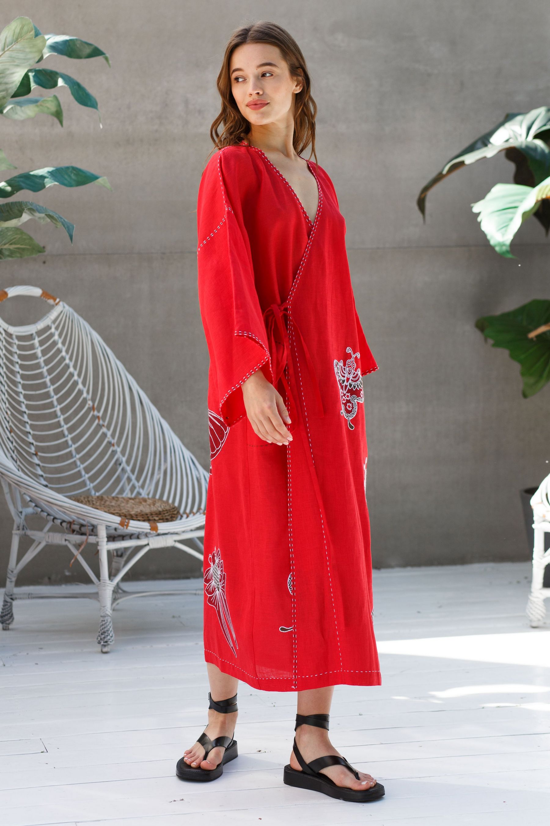 Butterfly wrap linen kimono dress Embroidered resort robe S / Red Butterfly wrap linen kimono dress Embroidered resort robe S / Red