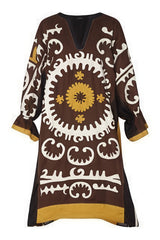 Ethnic applique linen dress brown Embroidered boho kaftan Inspired fashion clothing Bohemian dresses plus size