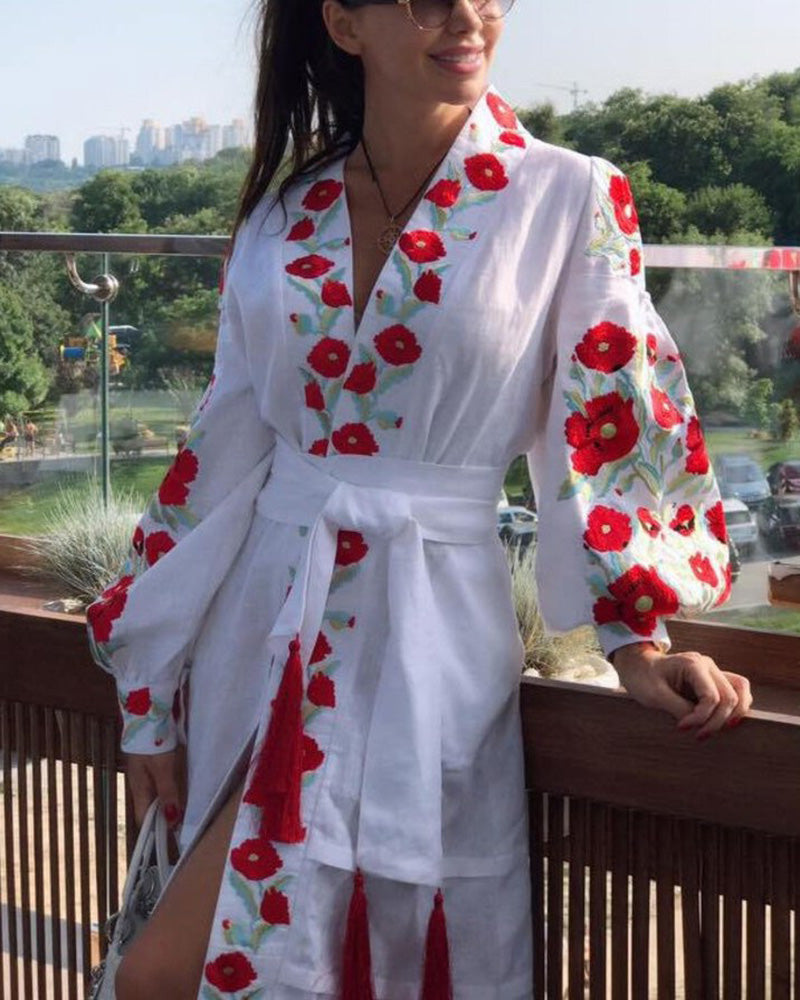 Wrap embroidered kimono Asymmetrical linen boho dress with floral embroidery Bohemian kaftan abaya