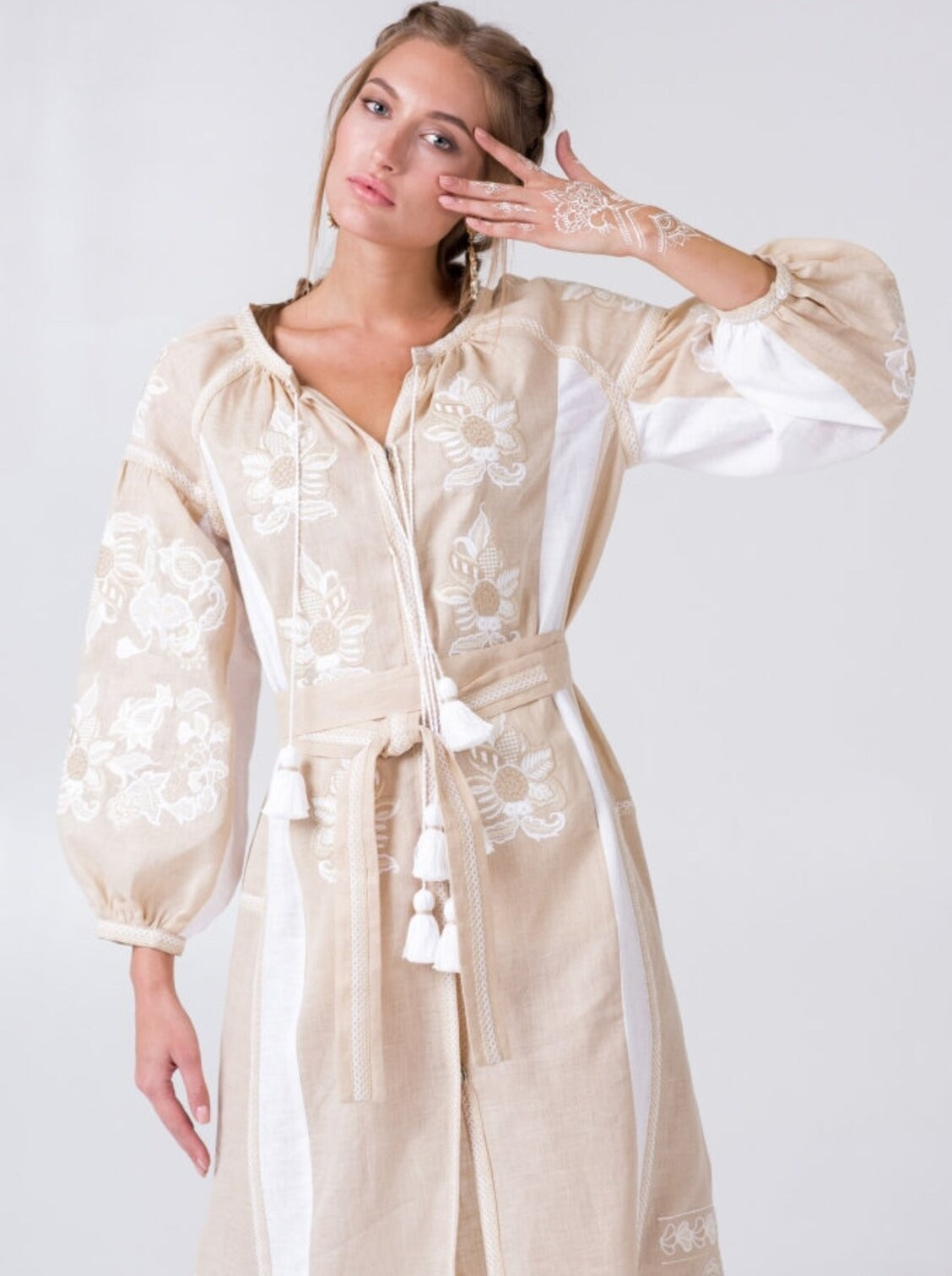 Ivory boho dress maxi Embroidered floral wedding party outfit Vyshyvanka Fashion ukrainian dresses Bohemian kaftan robe