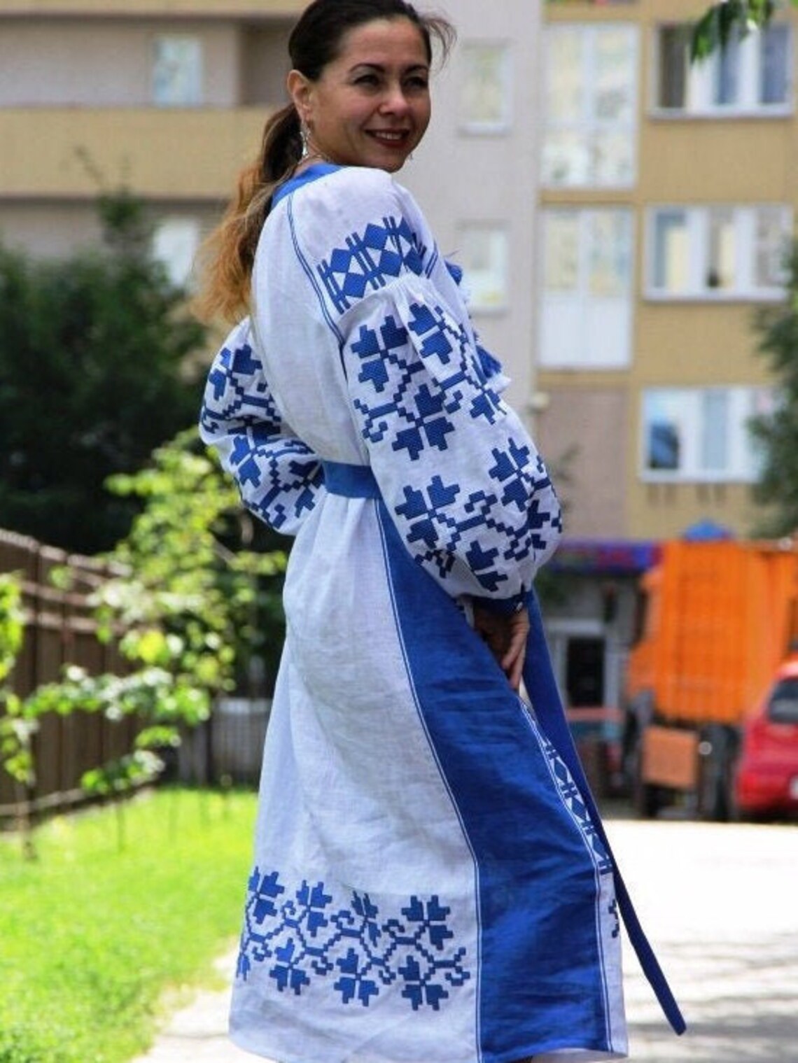 Maxi white boho dress Embroidered linen plus size tunic with ethnic ukrainian embroidery Fashion bohemian gown for beach wedding Vyshyvanka