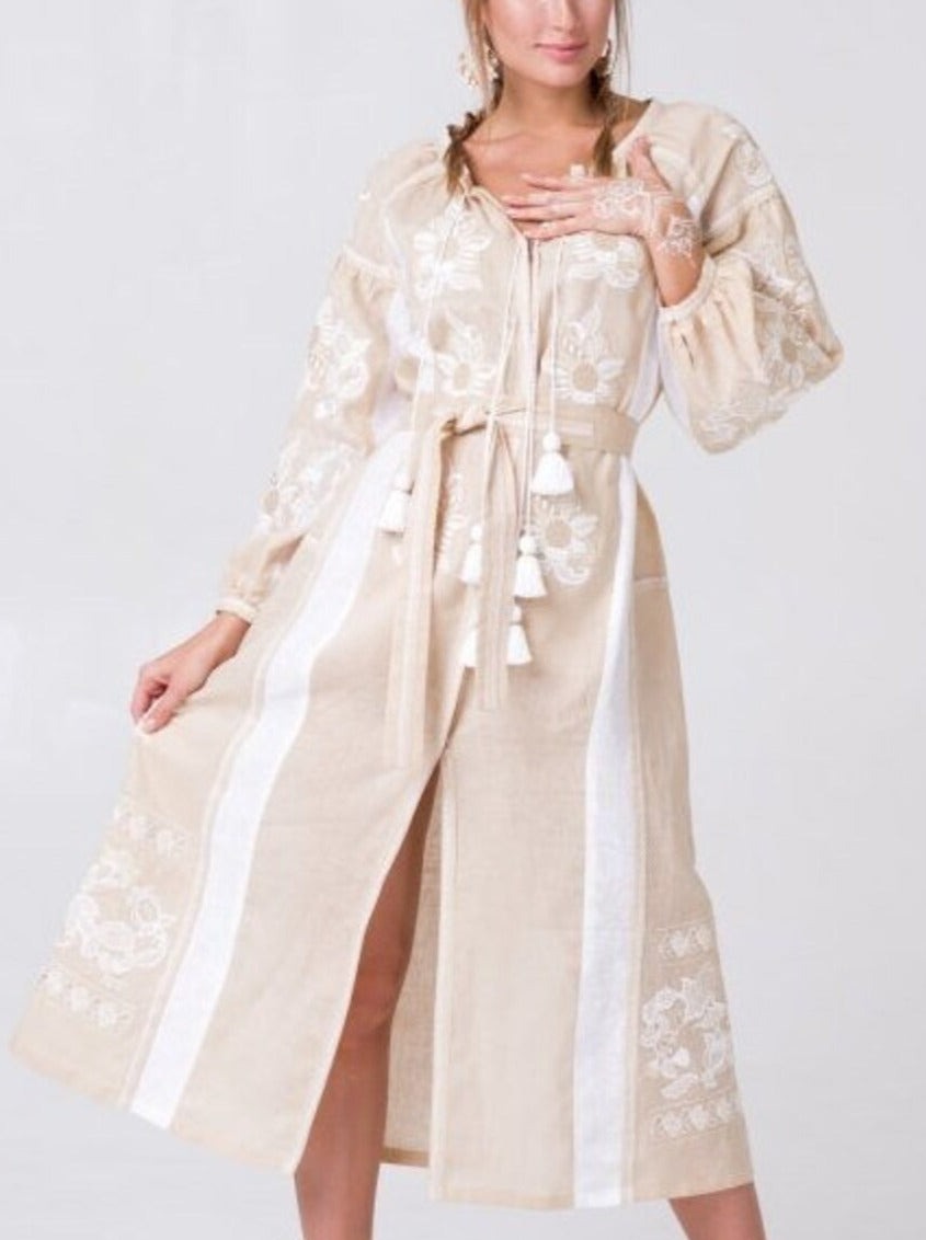 Ivory boho dress maxi Embroidered floral wedding party outfit Vyshyvanka Fashion ukrainian dresses Bohemian kaftan robe