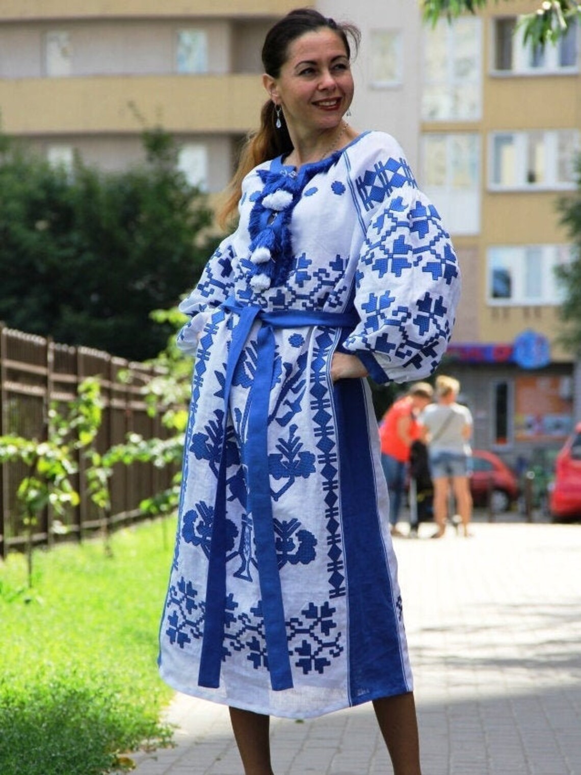 Maxi white boho dress Embroidered linen plus size tunic with ethnic ukrainian embroidery Fashion bohemian gownfor beach wedding Vyshyvanka