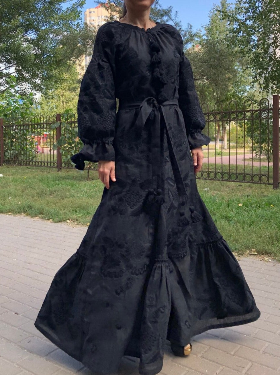 Black linen summer dress Grapevine embroidery