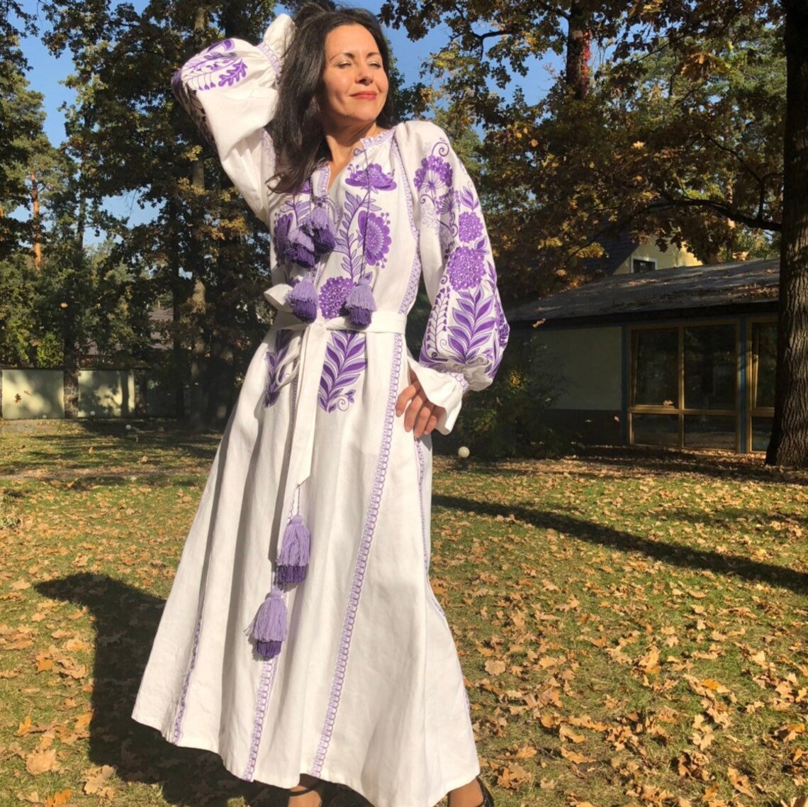 Ukrainian dress trapeze boho vyshyvanka with purple embroidery Bohemian clothing Kaftan Dubai abaya Long sleeve open caftan White linen robe