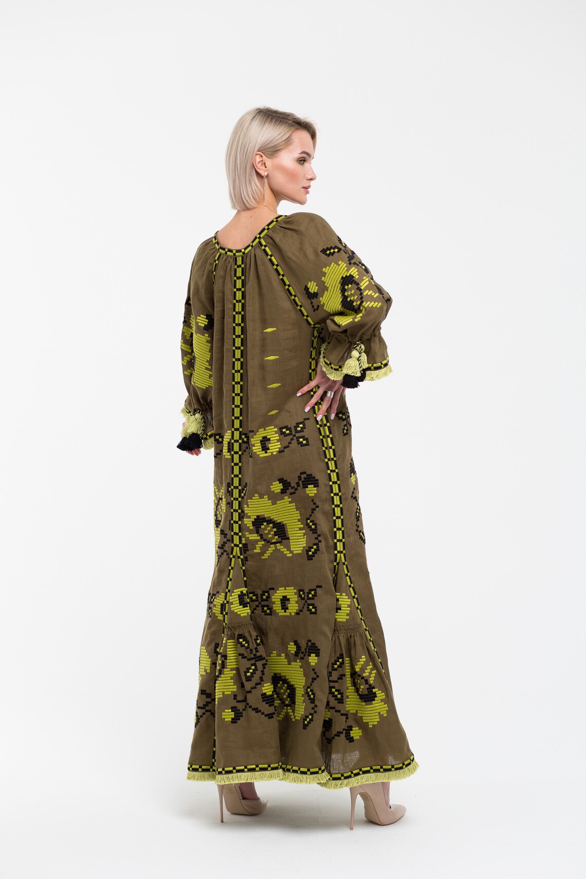 Embroidered olive linen dress kaftan Fashion boho outfit with floral ukraine embroidery Vyshyvanka robe