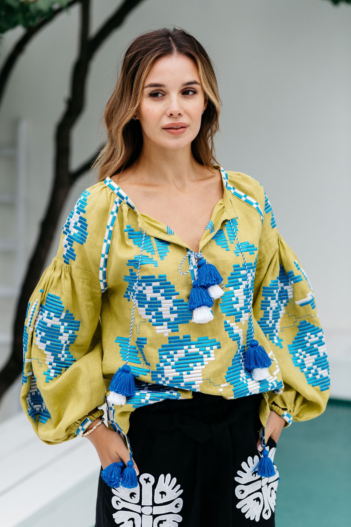 Floral boho blouse with Ukrainian embroidery Vyshyvanka Embroidered bohemian peasant blouse Olive linen loose top