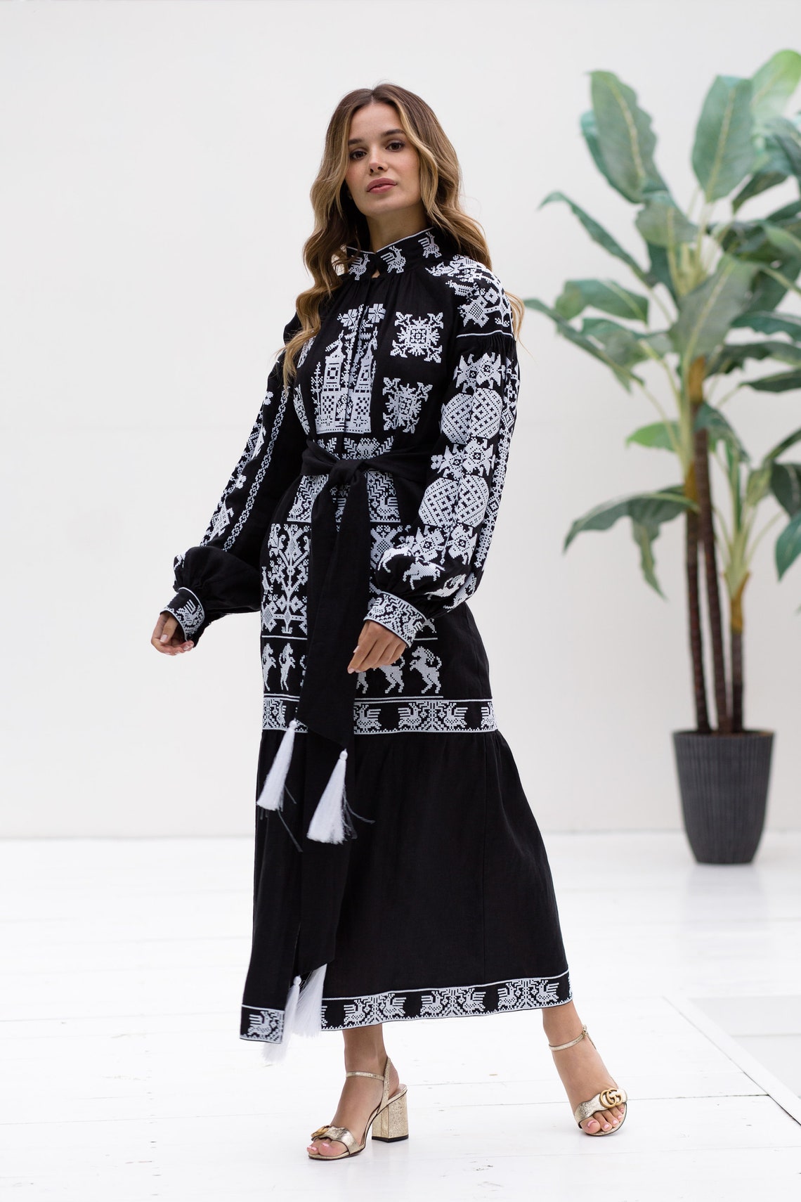 Elegant embroidered dress Black kaftan with Ukrainian embroidery Vyshyvanka Bohemian holiday gown