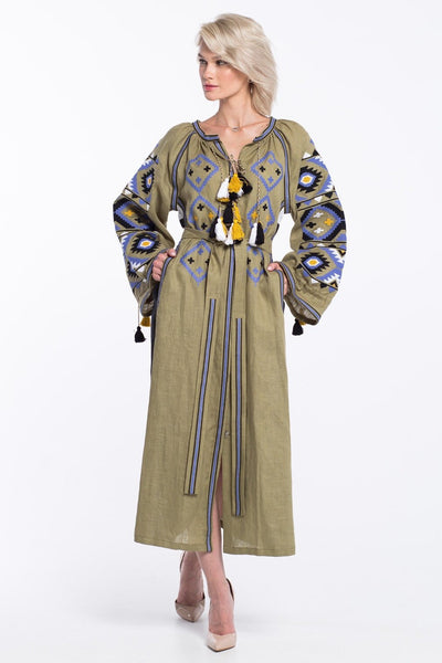 Ethnic embroidered dress Elegant linen summer kaftan