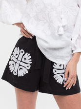 Applique embroidered black linen shorts