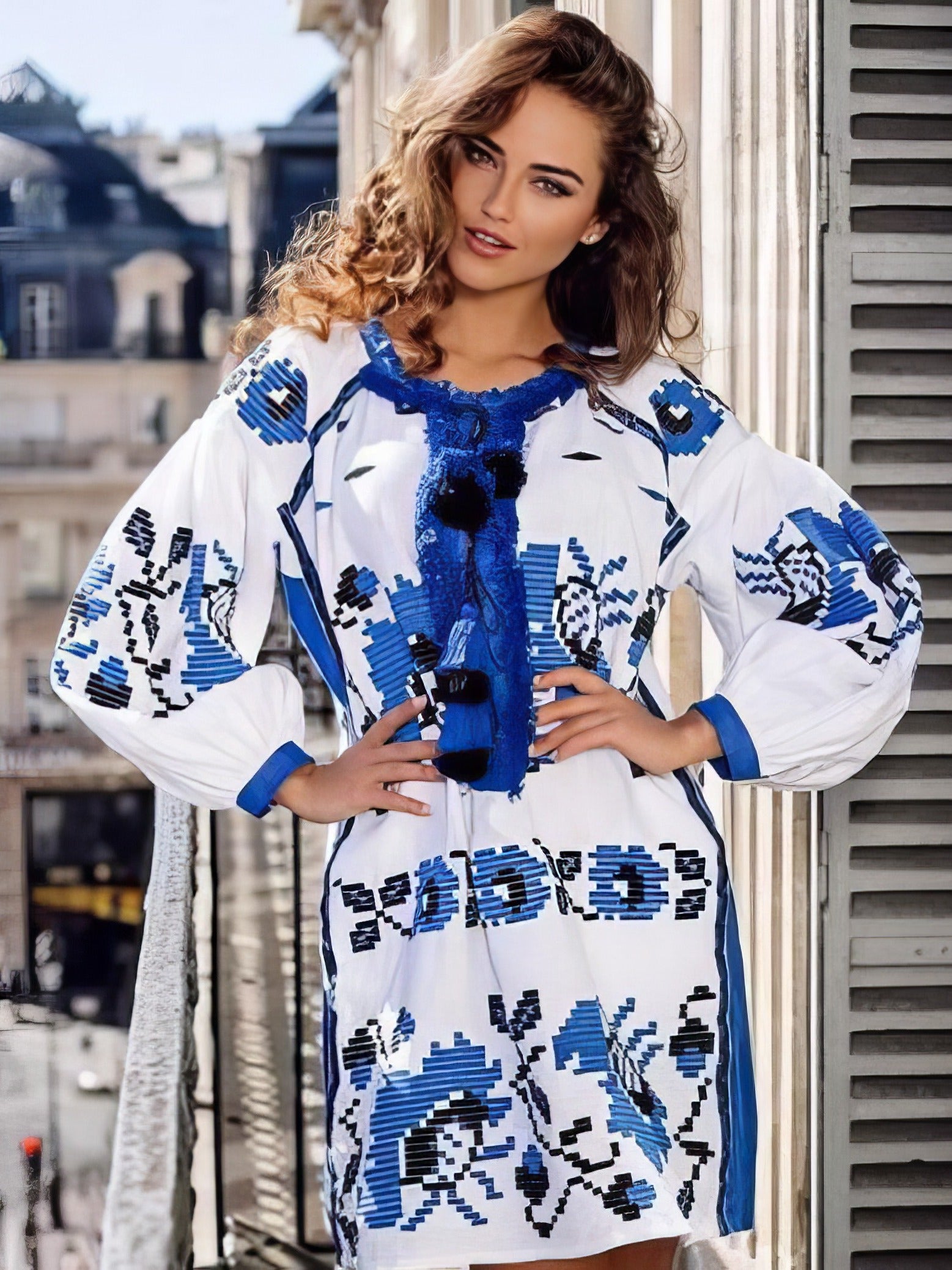 Blue poppies embroidered boho dress tunic Beach bohemian clothing