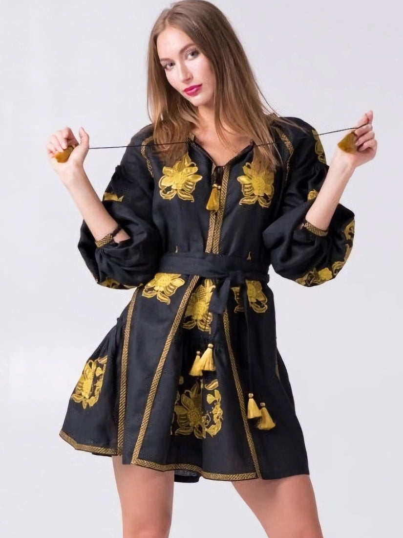 Black dress with gold Ukrainian embroidery Vyshyvanka M / Knee Black dress with gold Ukrainian embroidery Vyshyvanka M / Knee