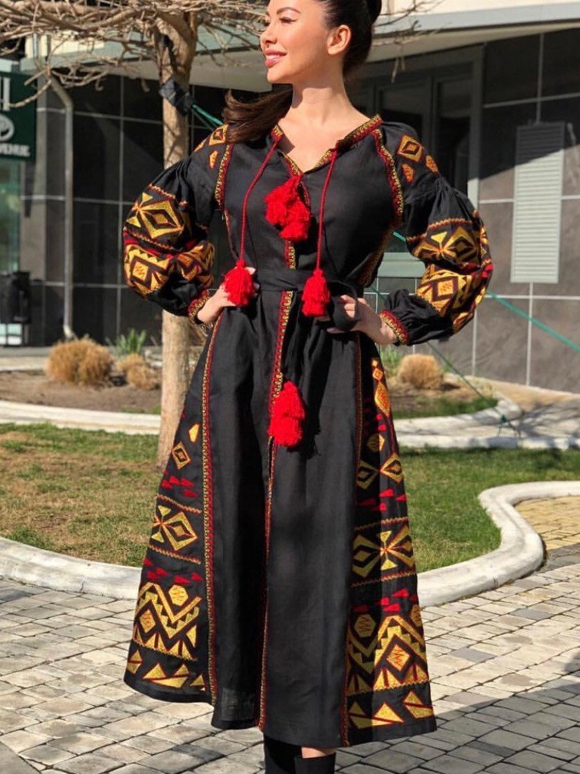 Black linen boho maxi dress Embroidered fashion kaftan