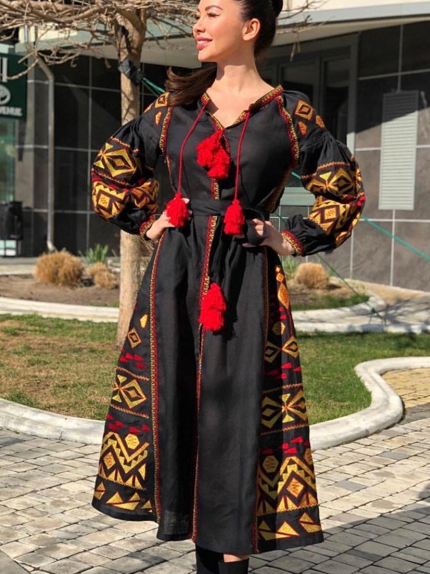Black linen boho maxi dress Embroidered fashion kaftan XS / Gold-Red / Ankle Black linen boho maxi dress Embroidered fashion kaftan XS / Gold-Red / Ankle