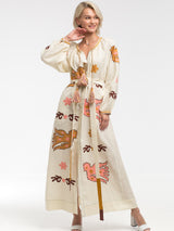 Parrot applique embroidered dress Bohemian kaftan