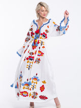 Embroidered linen boho dress with ethnic floral Ukrainian embroidery Bohemian kaftan Reception gown Affordable wedding dresses