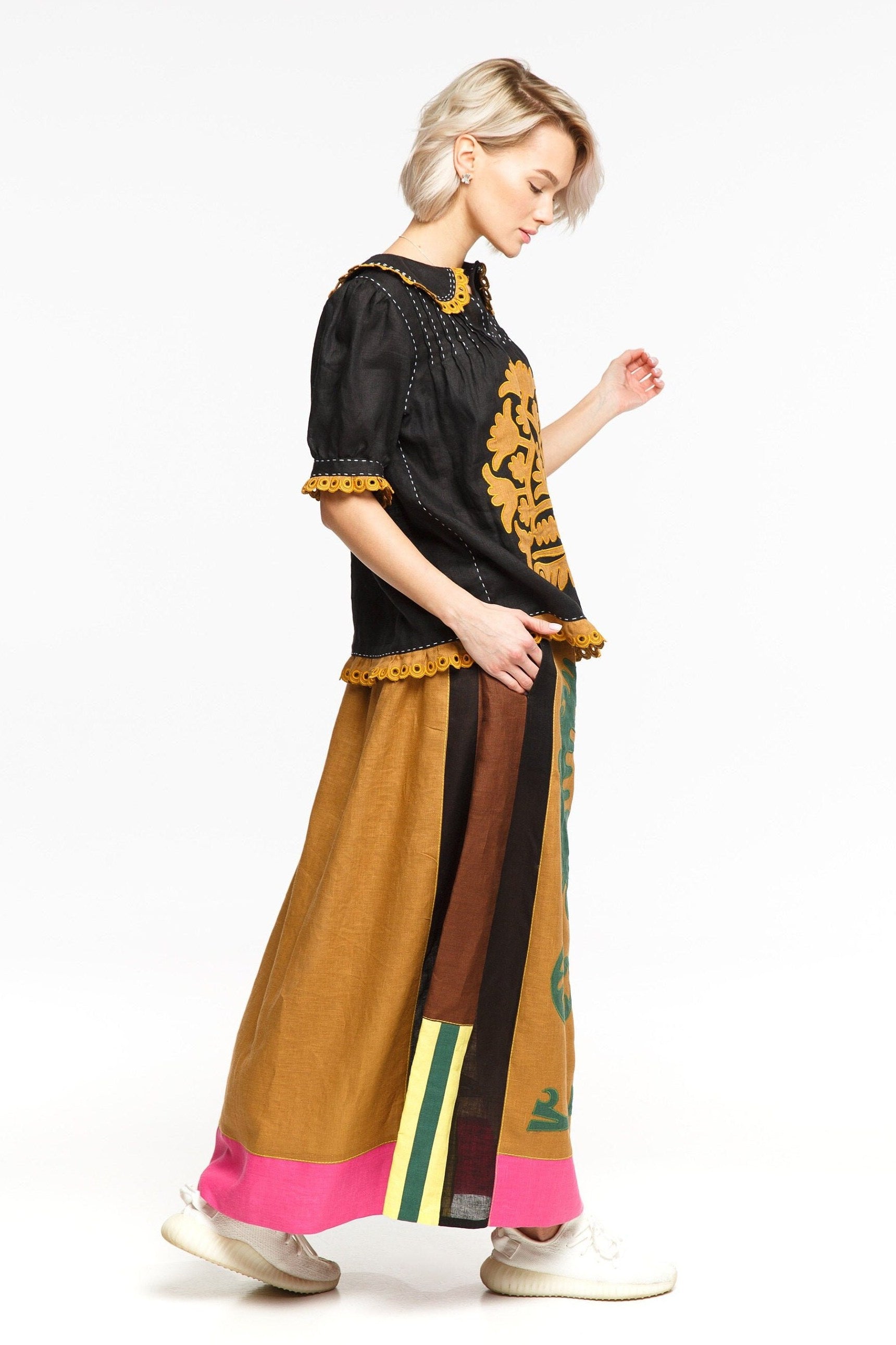 Resort outfit set with applique embroidery: Blouse & Maxi skirt
