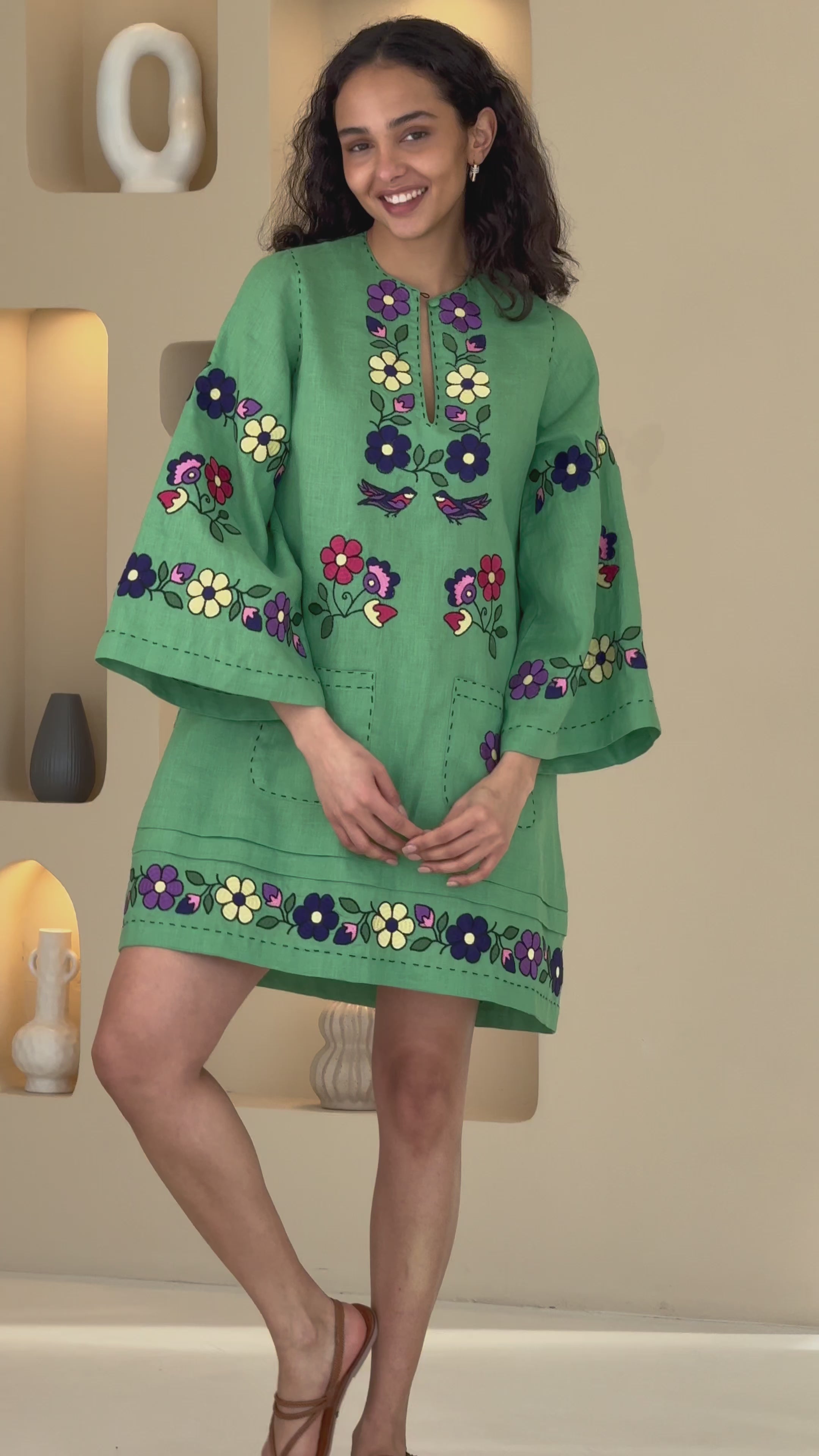 美品★ DAMASK EMBROIDERY LINEN DRESS Raffia Embroidered Linen Woven Midi Dress | Karen Millen