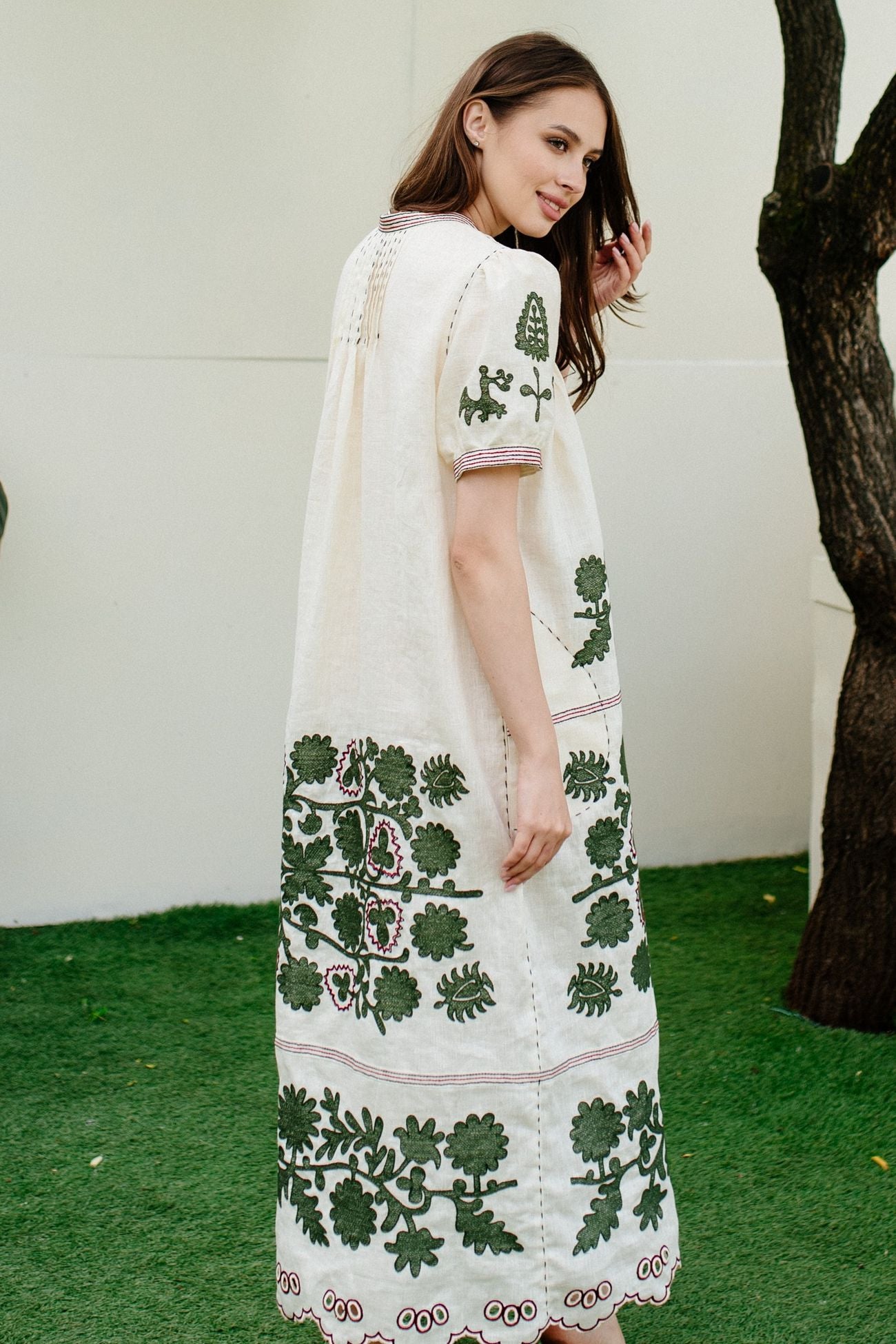 Summer embroidered linen dress scalloped long