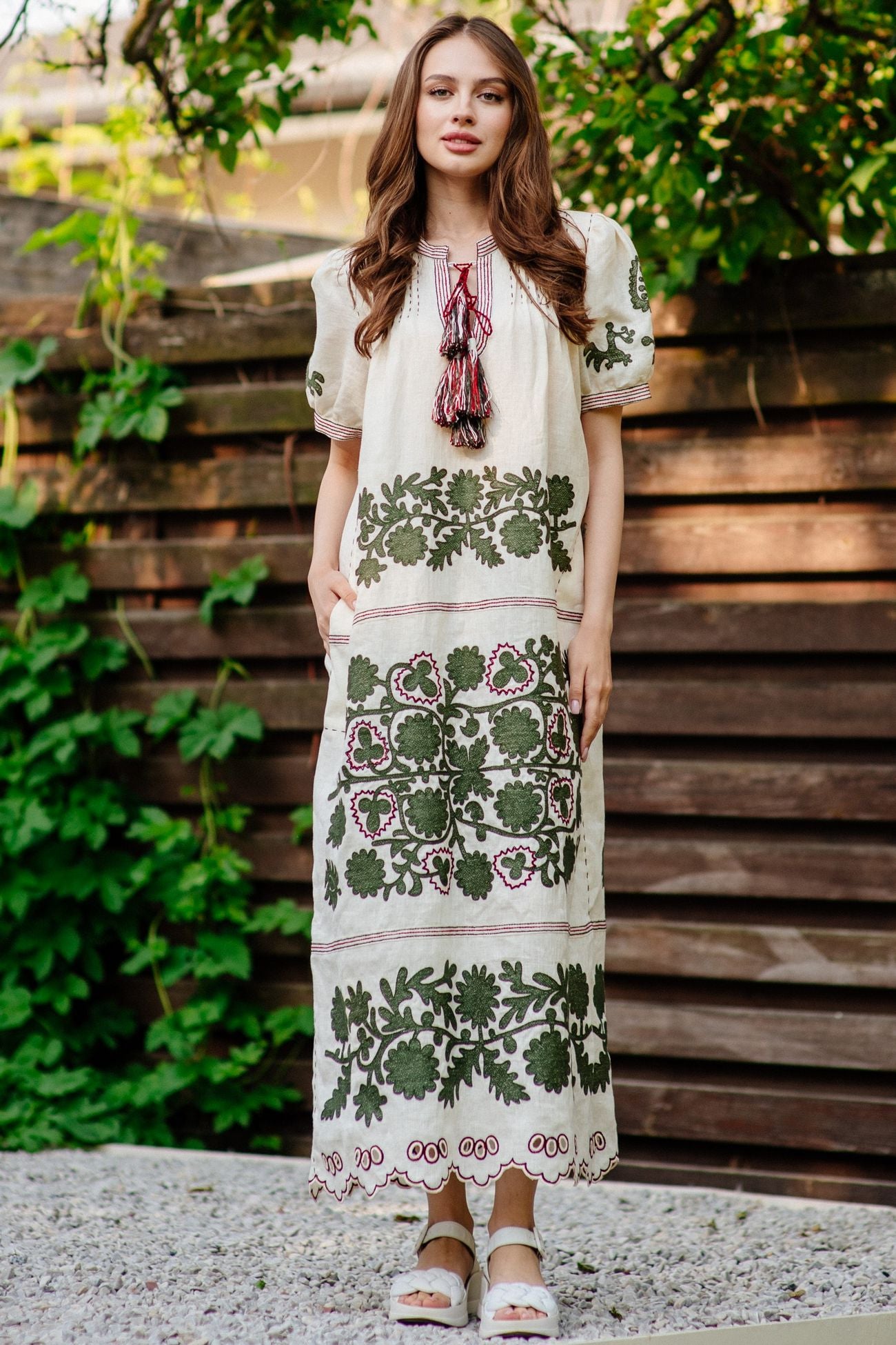 Summer embroidered linen dress scalloped long