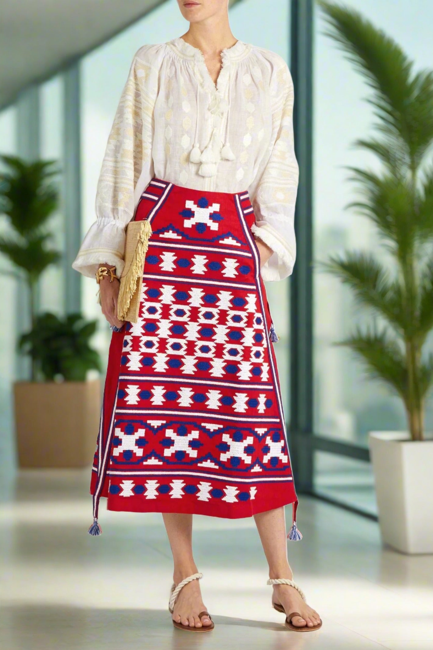 Resort outfit set with ethnic embroidery: Blouse & Midi Skirt