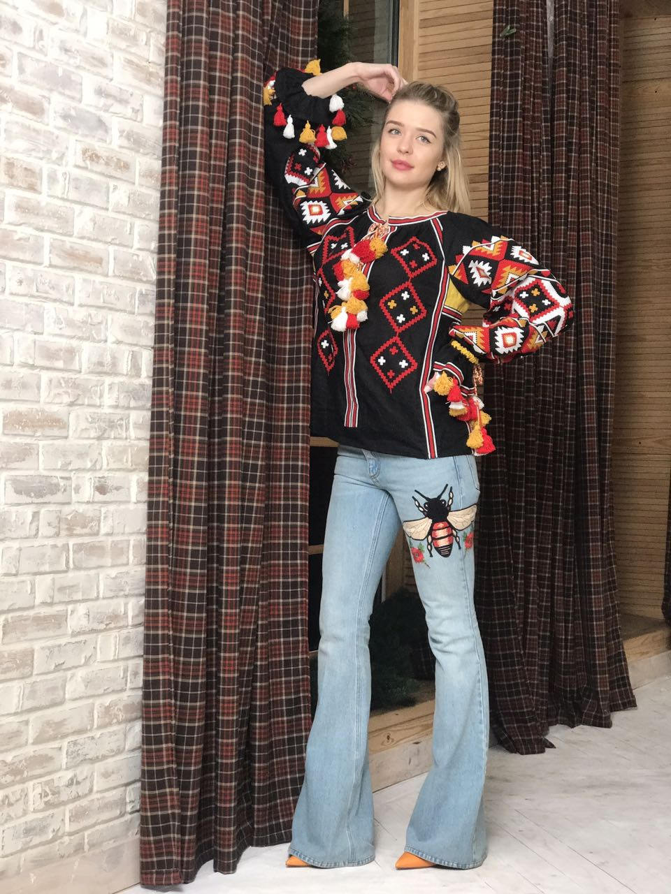 Tribal embroidered fashion blouse Ukrainian boho blouses with ethnic custom embroidery Black linen shirt plus size