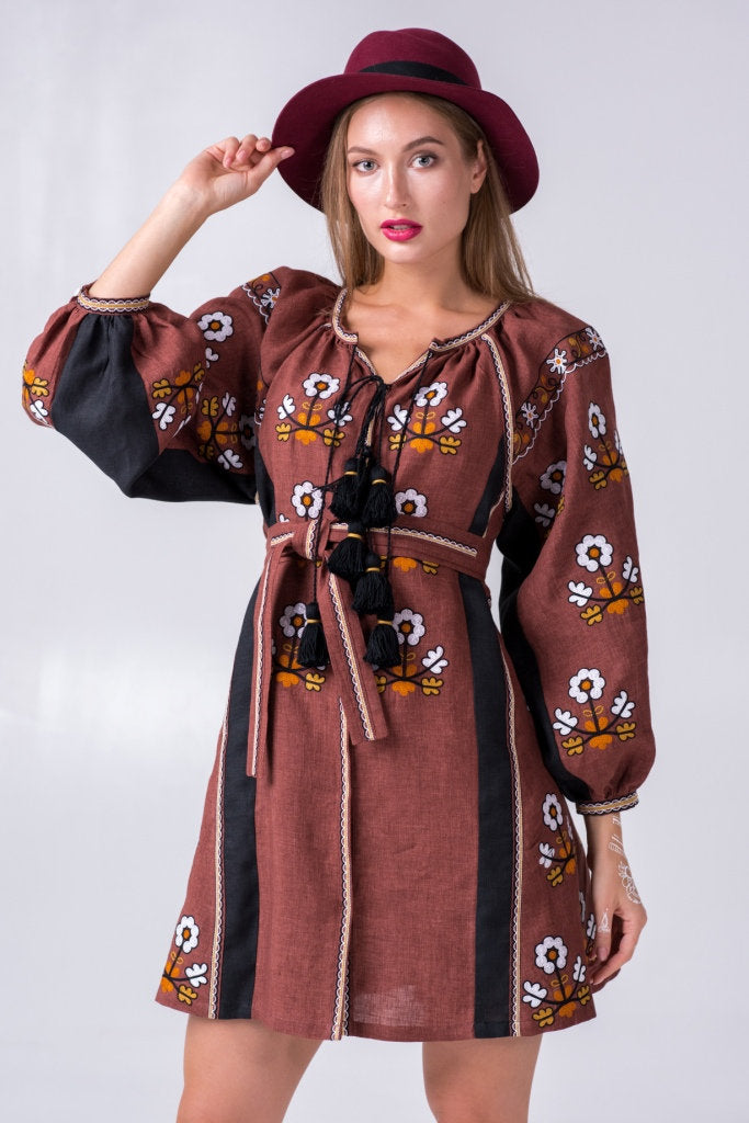 Embroidered linen bohemian dress Brown boho chic outfit