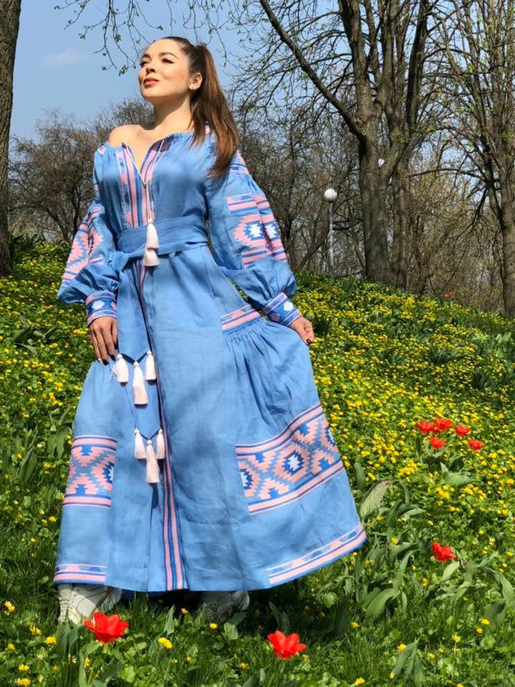 Ethnic ukrainian kaftan Off shoulder wedding dress boho Vyshyvanka with geometric embroidery Embroidered bride robe