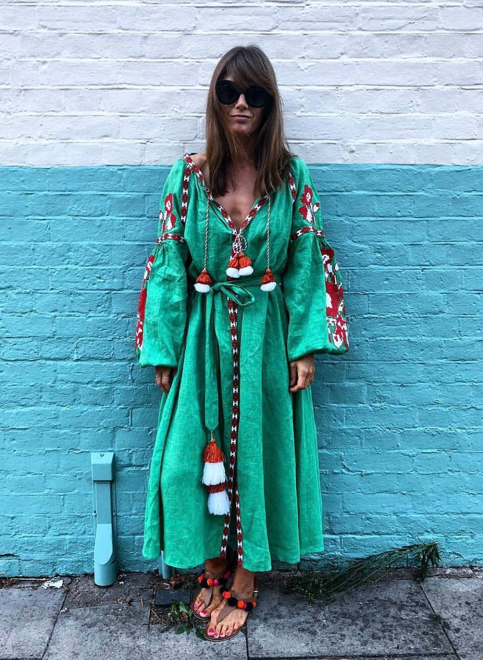 Green linen boho maxi dress Vyshyvanka Fashion embroidered dresses Plus size bohemian wedding guest gown Ukrainian kaftan