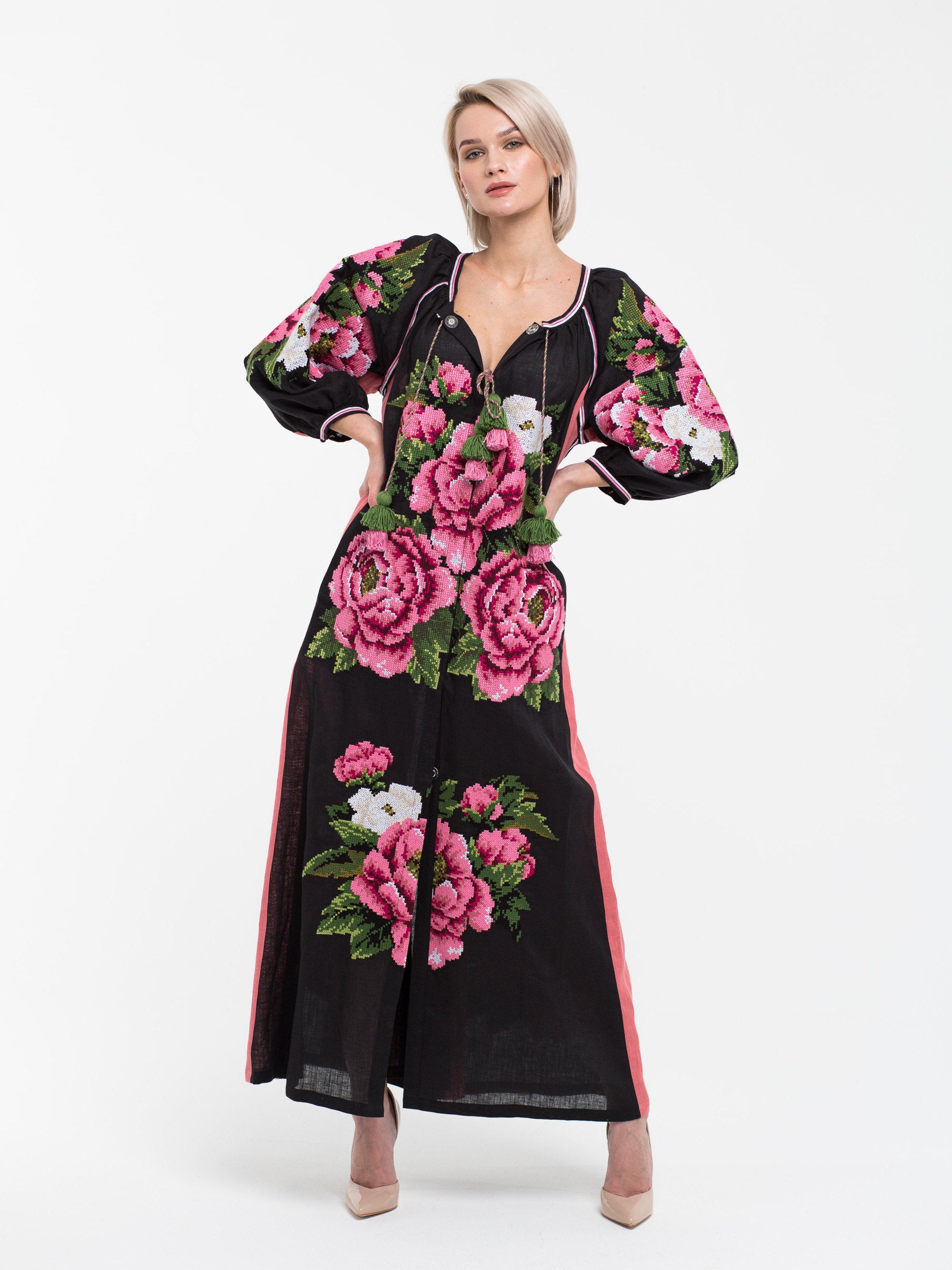 Peonies bohemian dress Black linen embroidered kaftan with Ukrainian embroidery Boho wedding guest outfit Vyshyvanka