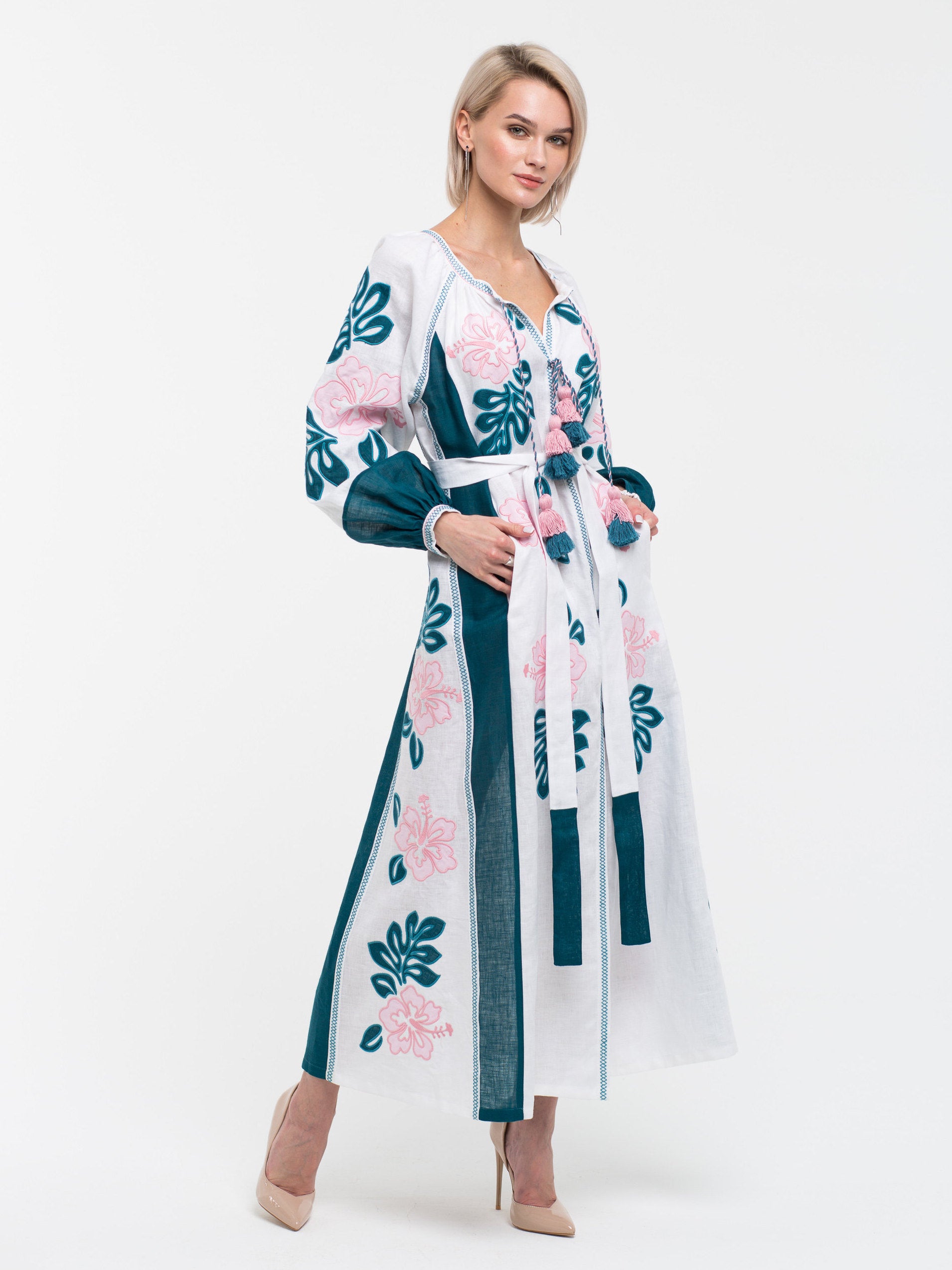 Fashion tropical embroidered dress with applique embroidery White linen boho dress maxi kaftan Ukrainian floral clothing vyshyvanka