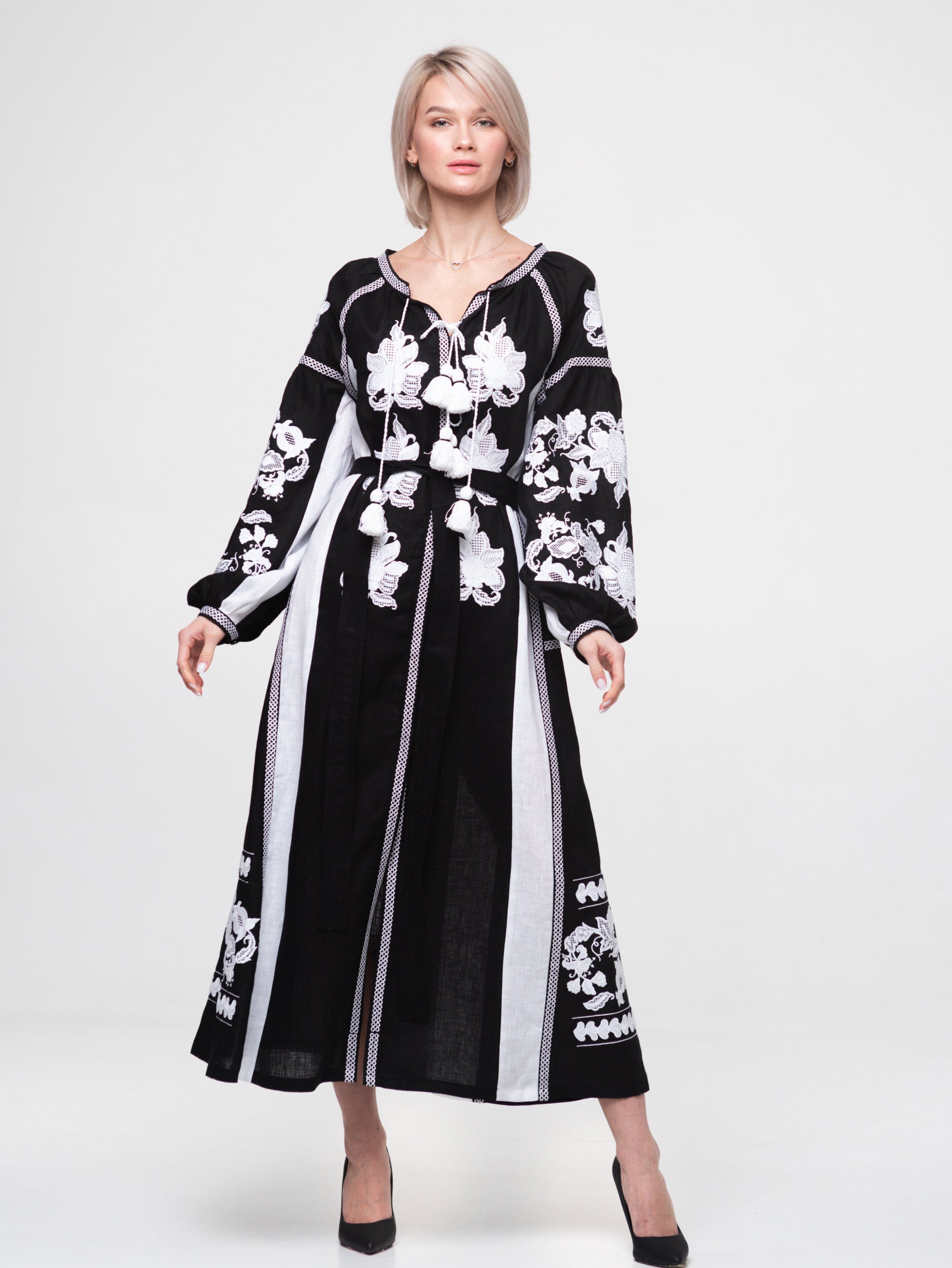 Divine floral embroidered dress kaftan Boho wedding guest outfit in monochrome