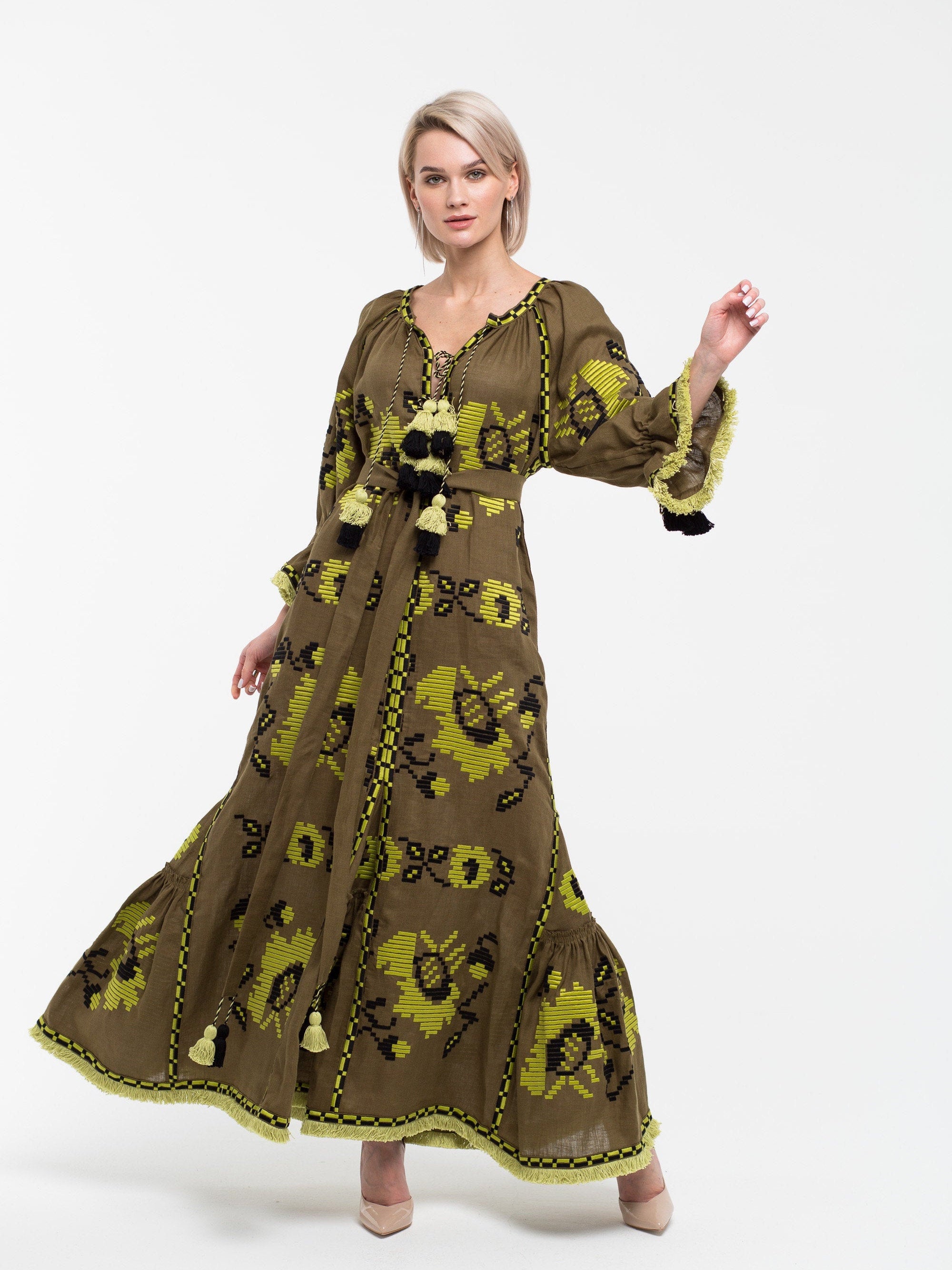 Embroidered olive linen dress kaftan Fashion boho outfit with floral ukraine embroidery Vyshyvanka robe