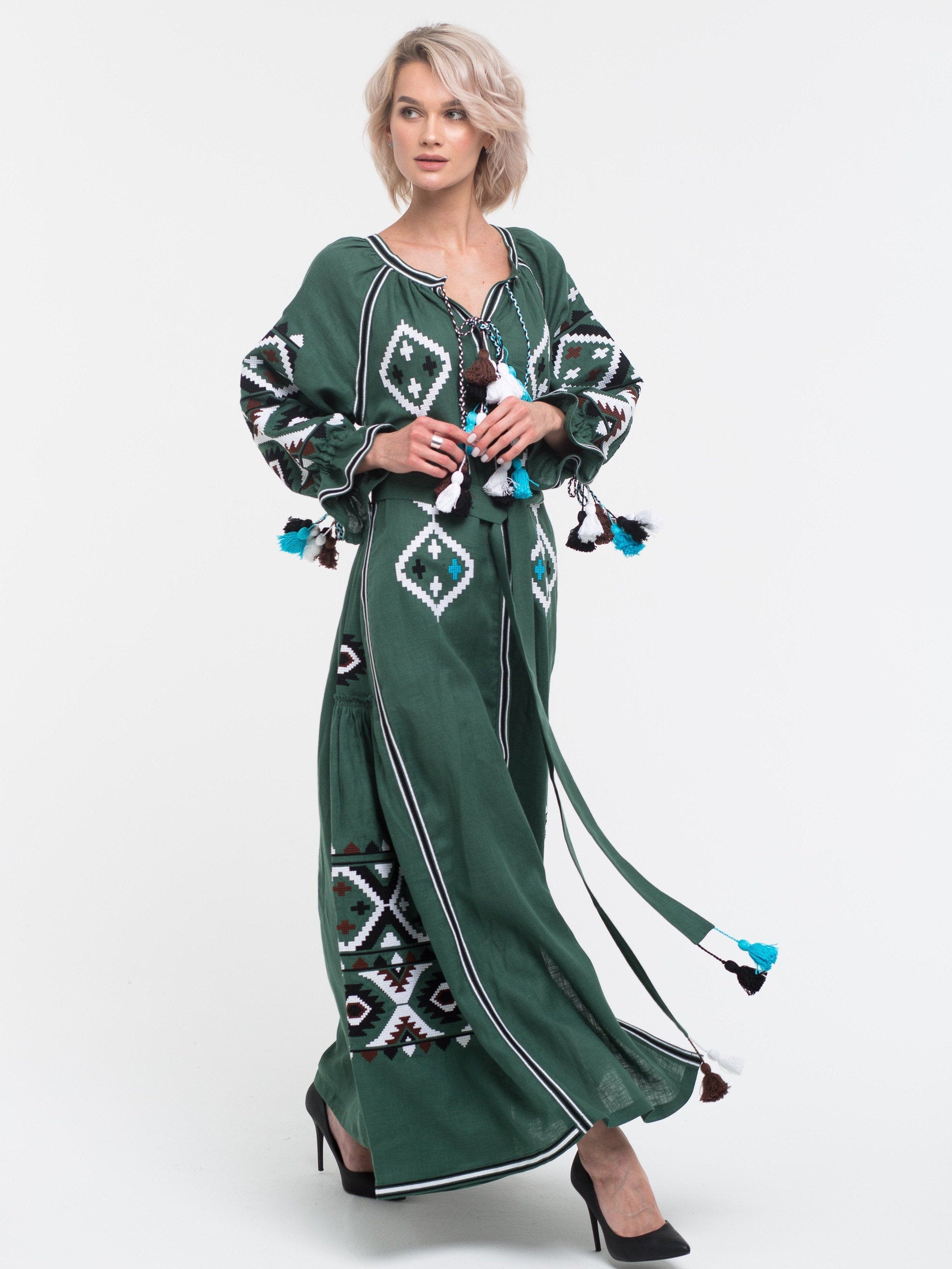 Fashion boho chic dress with ukrainian embroidery Embroidered linen kaftan Bohemian gown plus size