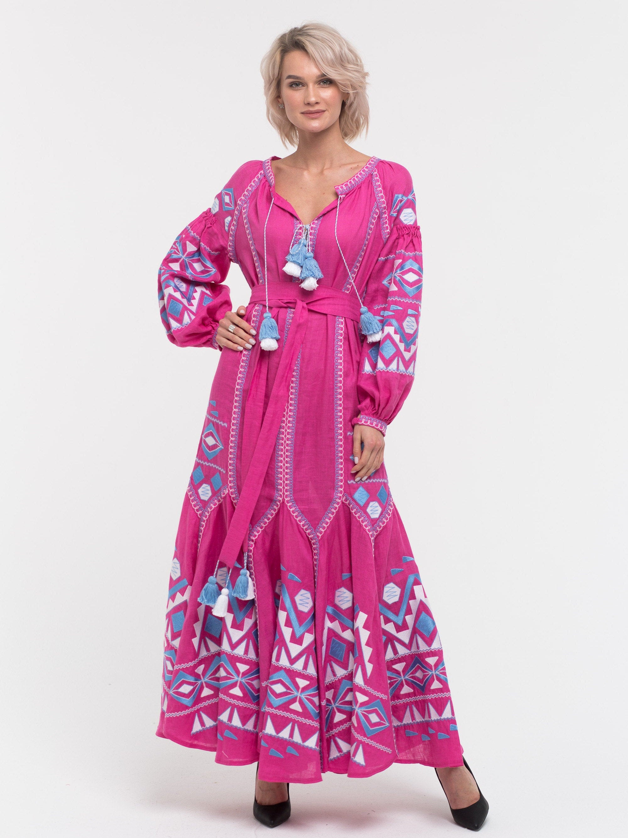 Pink mermaid embroidered wedding dress Ukrainian fashion gown