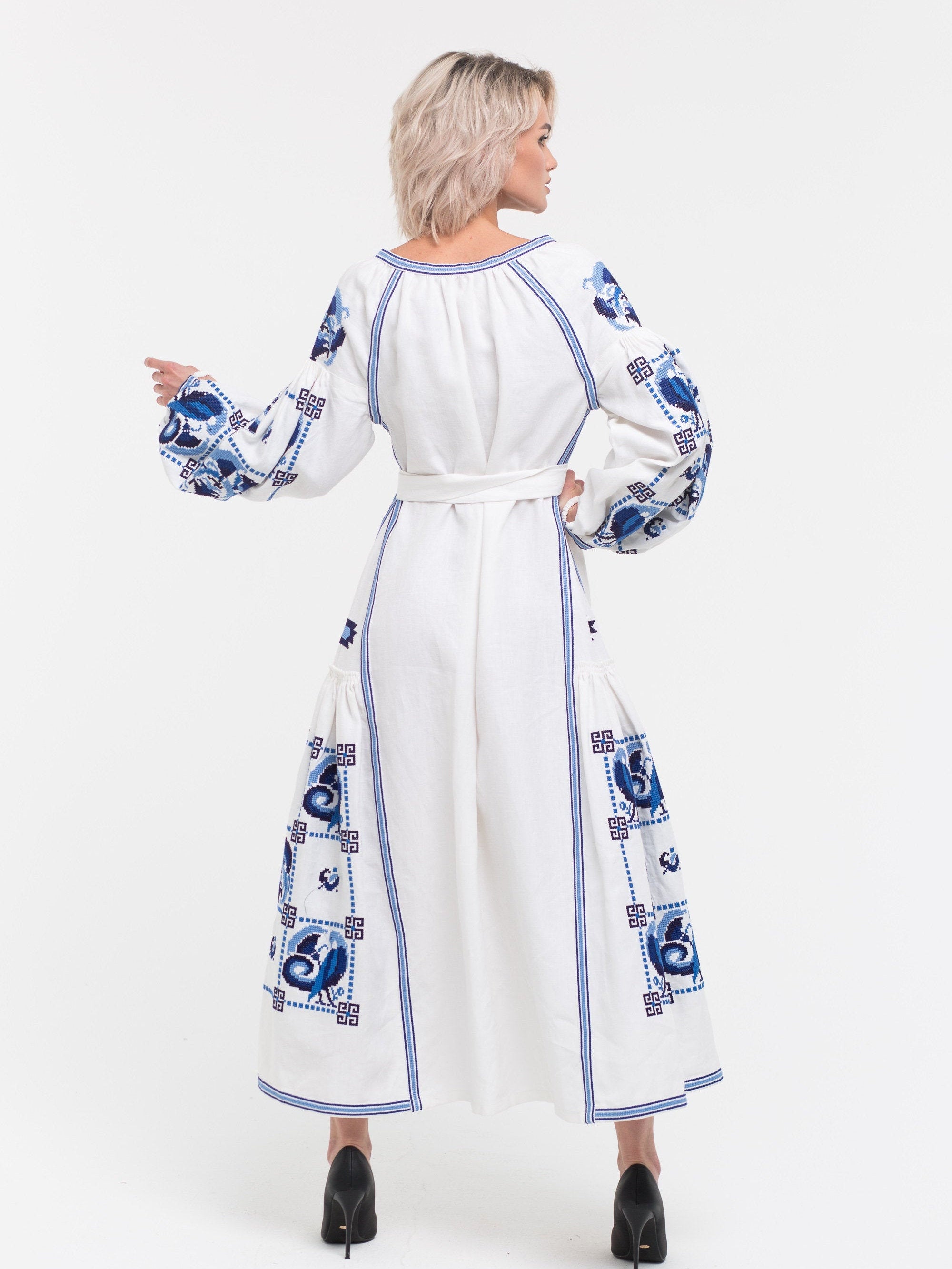 Willow porcelain embroidered dress Ethnic linen boho clothing with ukraine embroidery Bohemian wedding outfit