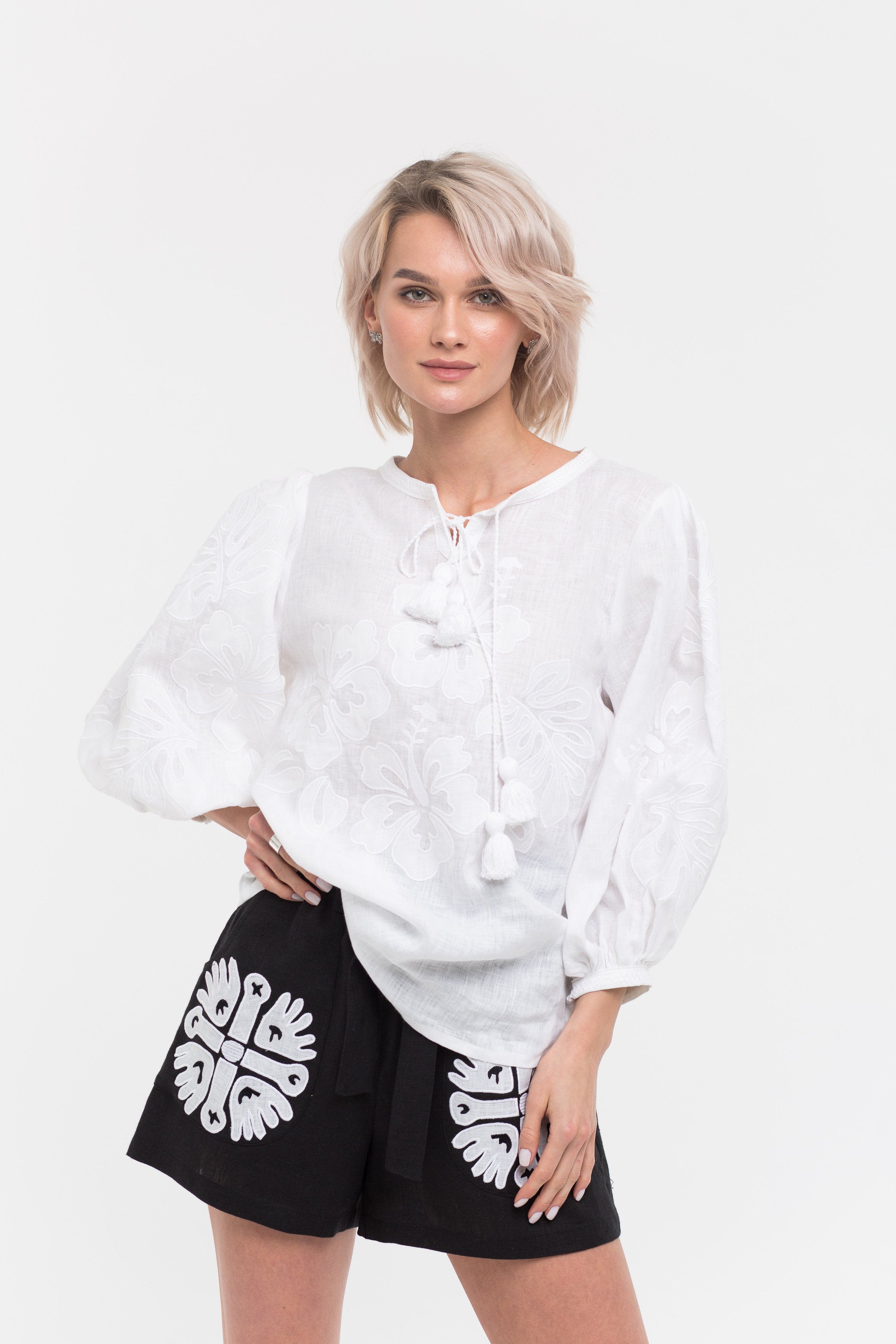 Applique embroidered fashion vyshyvanka set shorts and blouse White linen boho clothes Ukraine embroidery