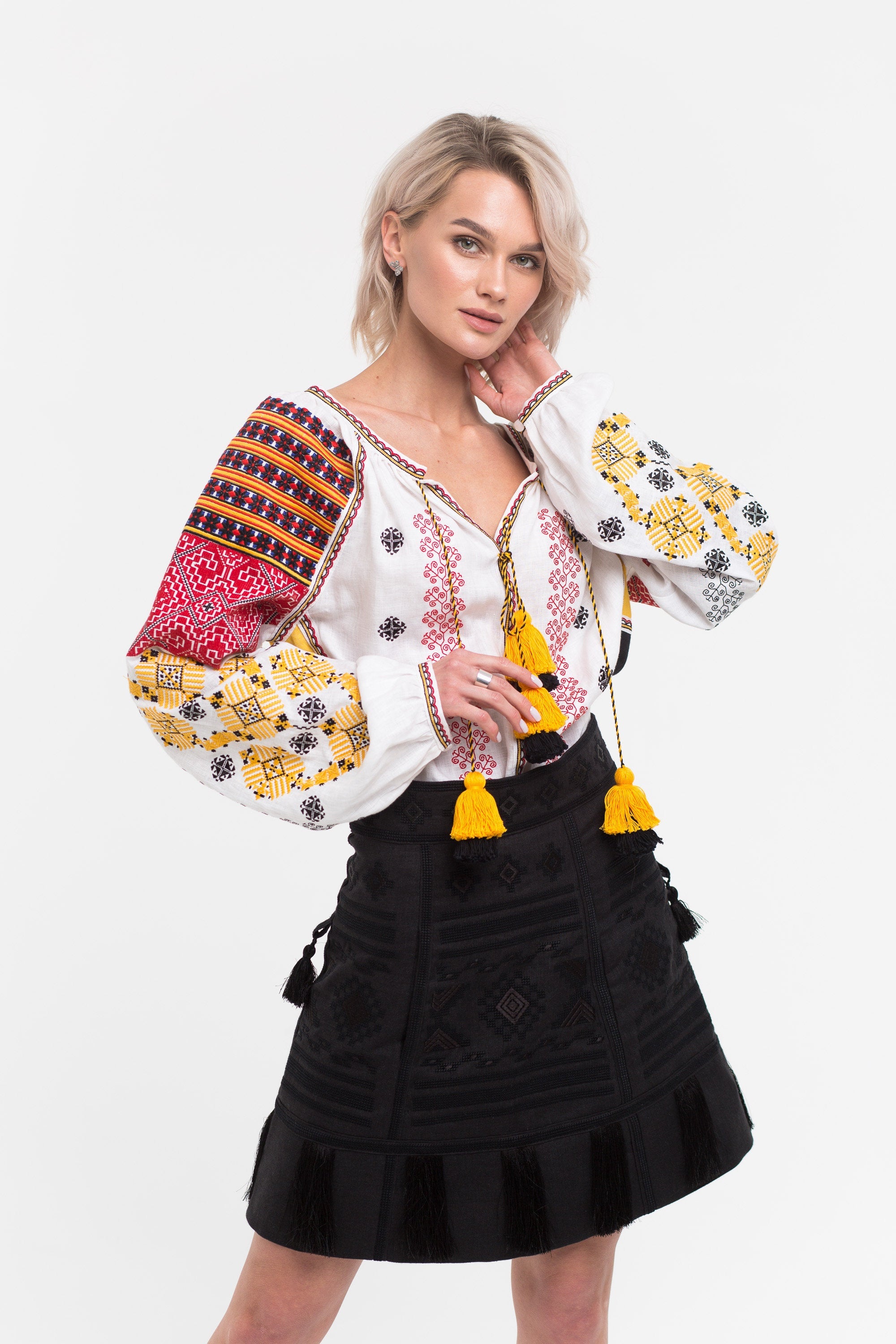 Ethnic boho set skirt and blouse Custom embroidered linen clothing with Ukraine embroidery