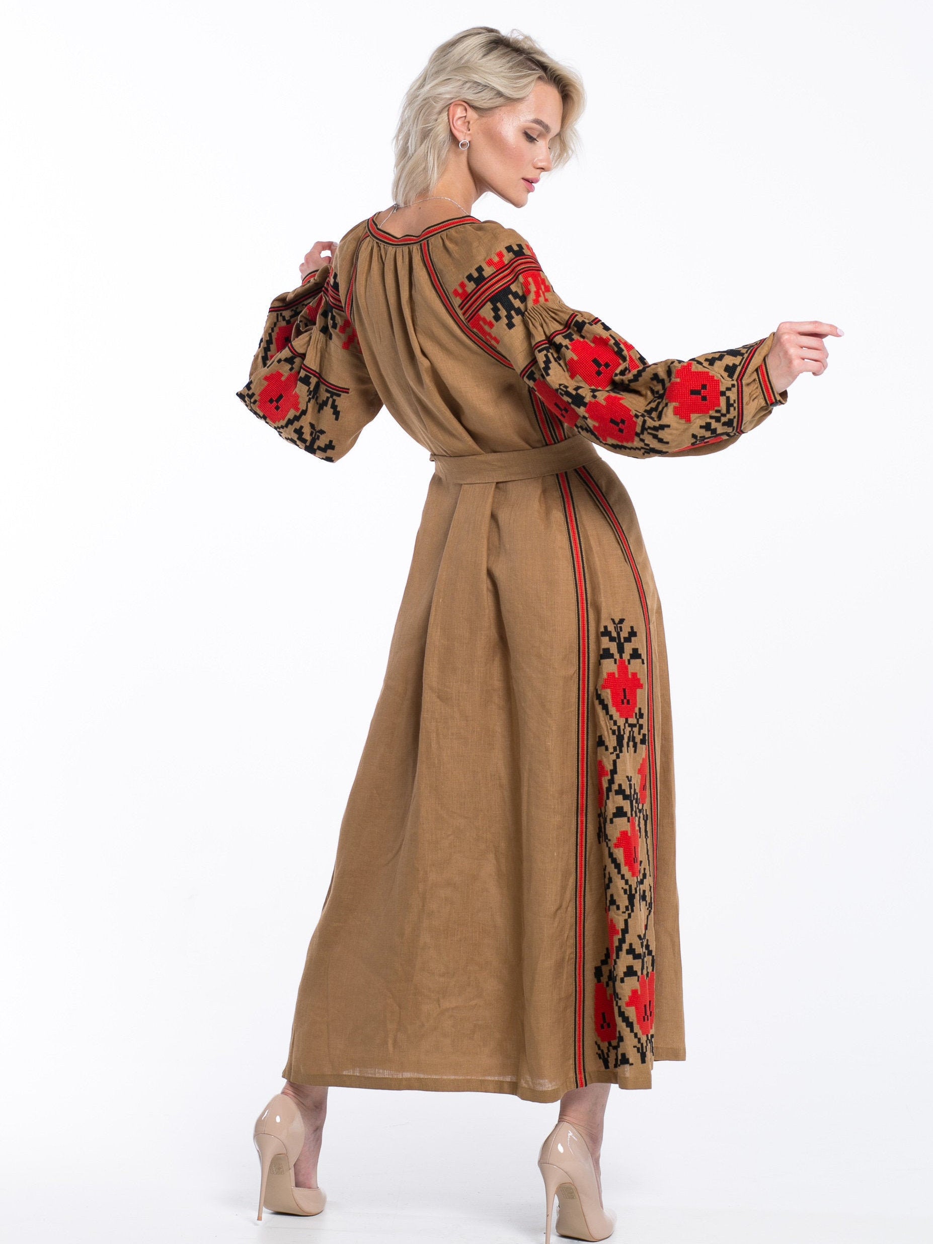 Brown embroidered dress boho Vyshyvanka with Ukrainian embroidery Bohemian wedding dresses