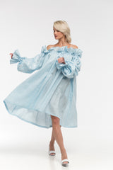Off shoulder linen mini dress oversized with ruffles and embroidered balloon sleeves Fashion bohemian gown
