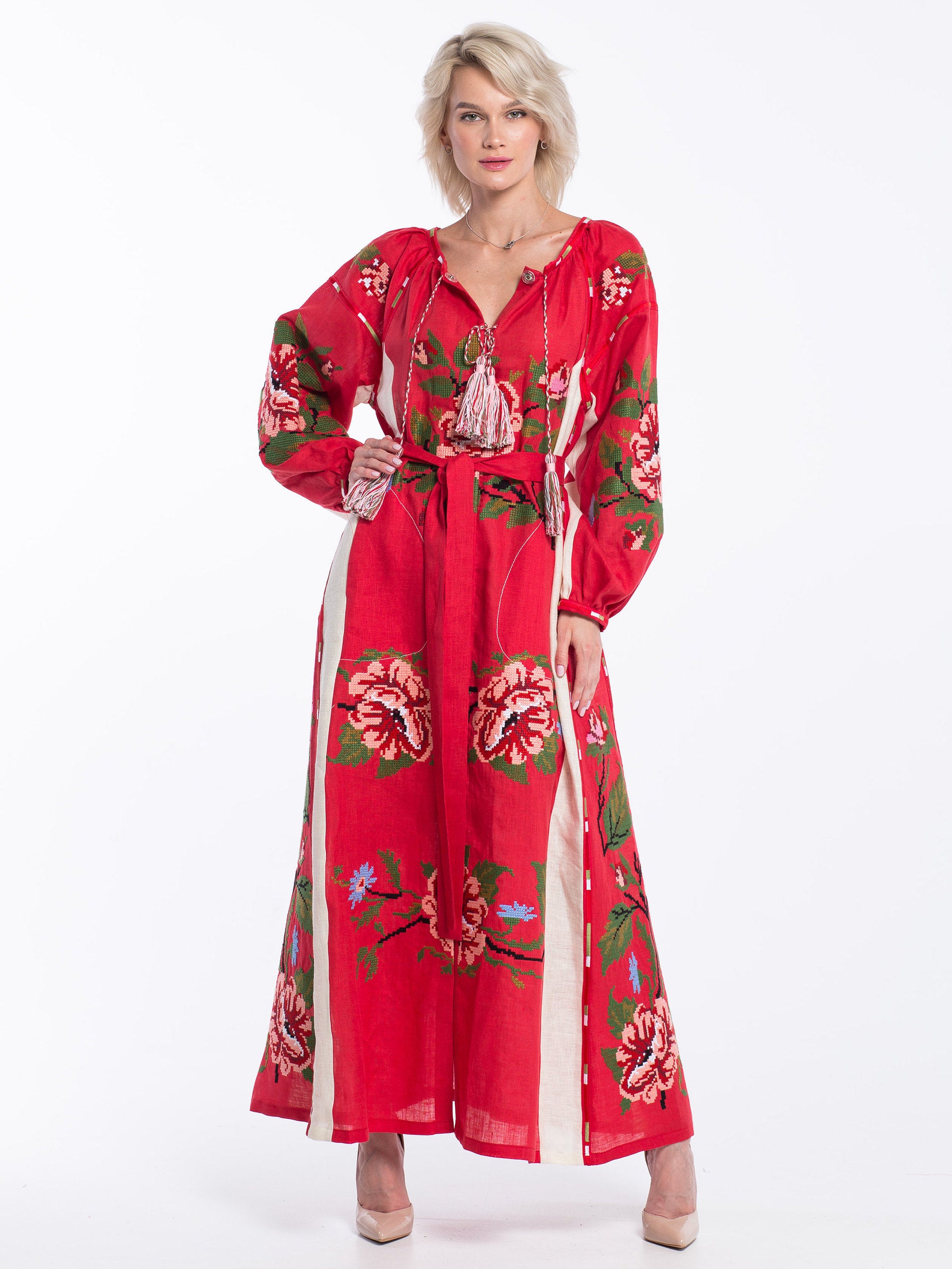Roses embroidered linen dress kaftan maxi Beach wedding clothing