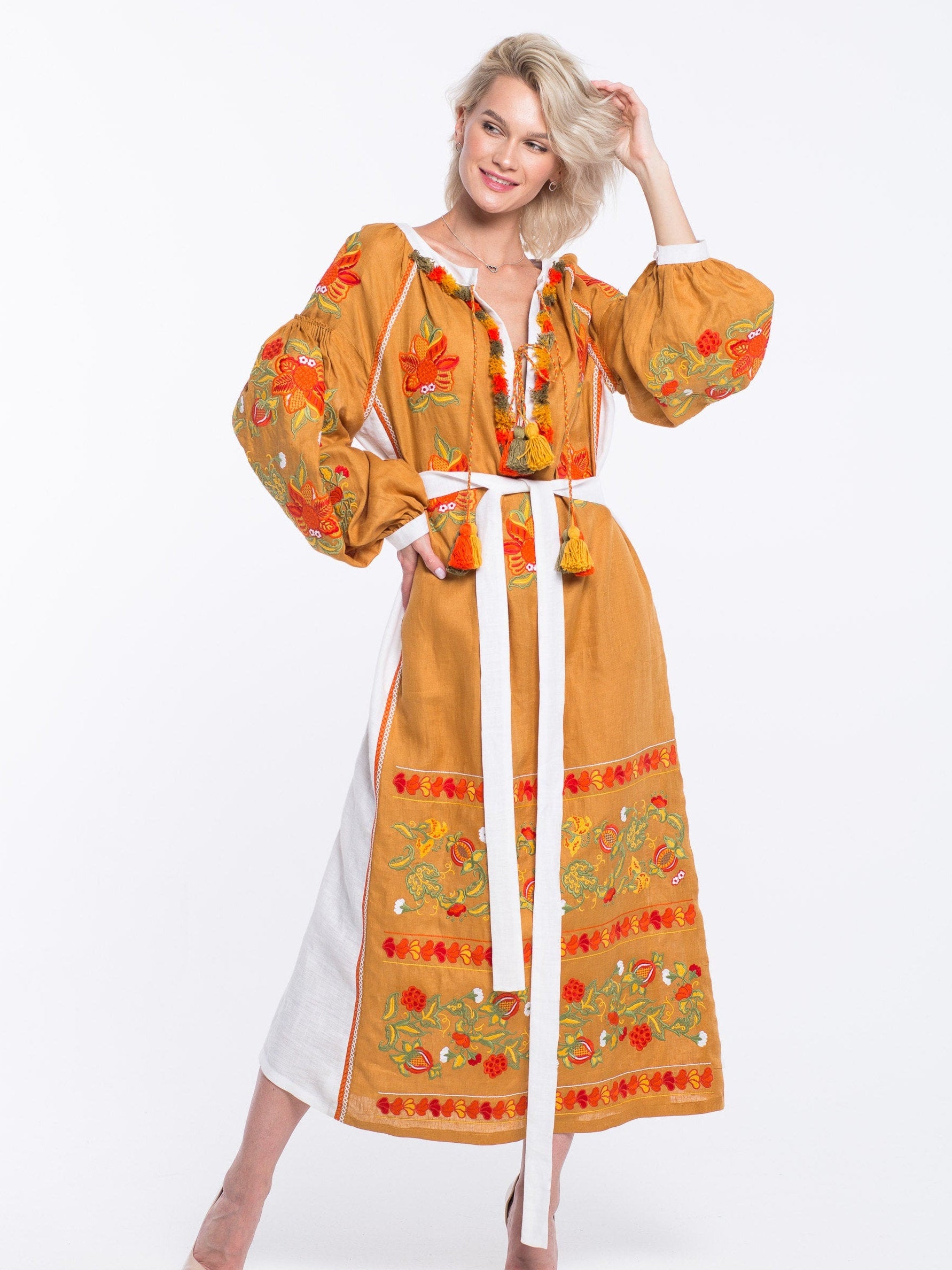 Mustard bohemian dress Plus size embroidered linen robe with floral ukrainian embroidery Modern ethnic vyshyvanka