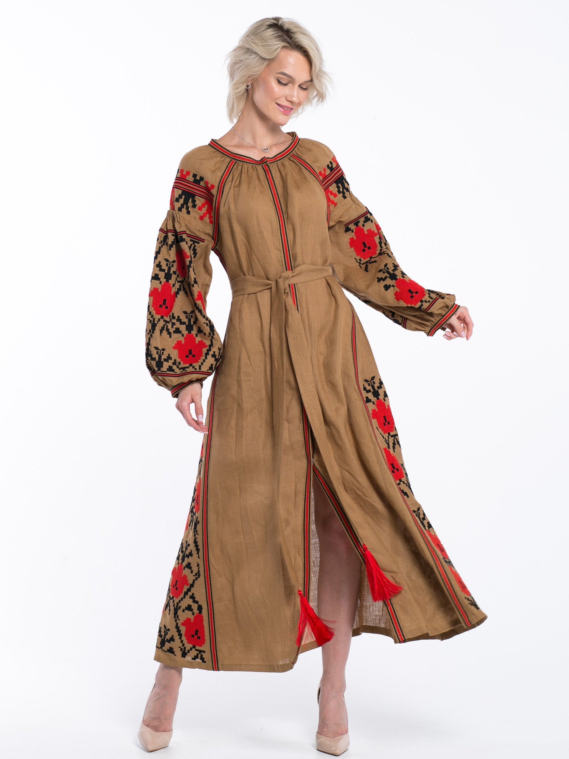 Brown embroidered dress boho Vyshyvanka with Ukrainian embroidery Bohemian wedding dresses