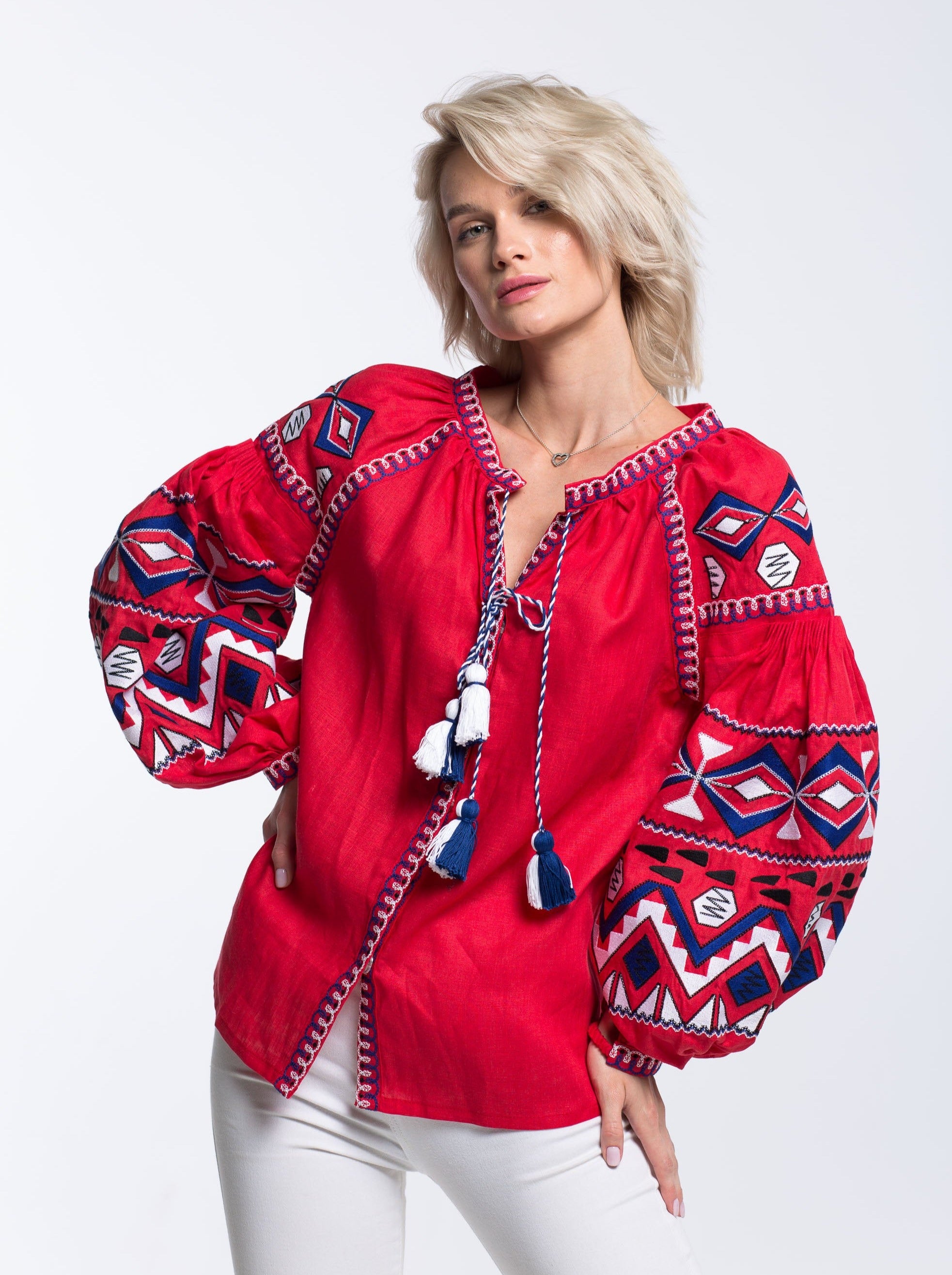 Embroidered linen blouse Fashion shirt ukrainian vyshyvanka with balloon sleeves