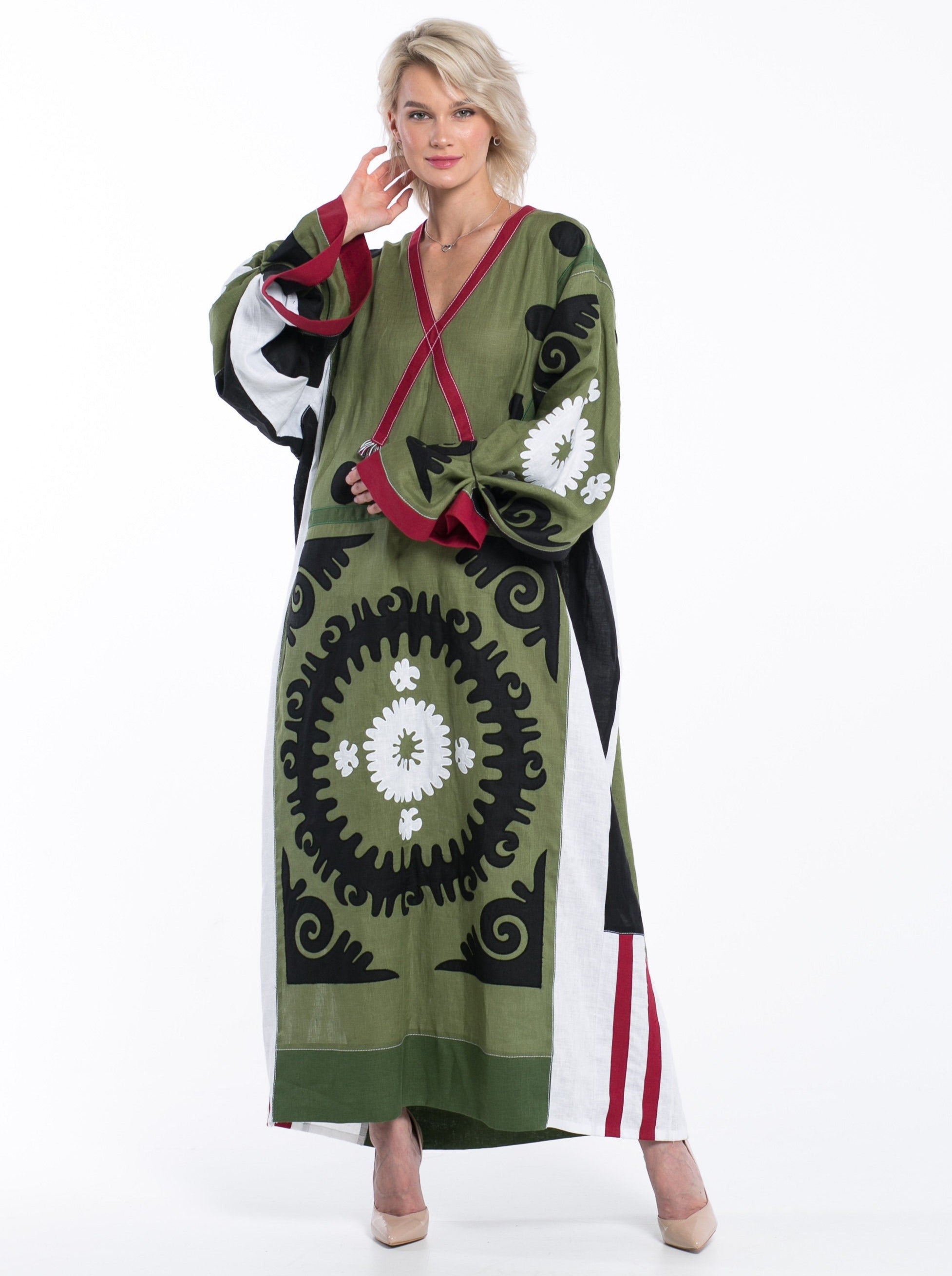 Negroni embroidered dress Applique boho kaftan with ethnic embroidery Fashion luxury linen clothing oversized