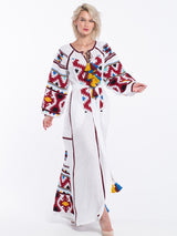 White linen dress boho Ukrainian embroidery robe Vyshyvanka Embroidered kaftan Fashion bohemian wedding dress for guest