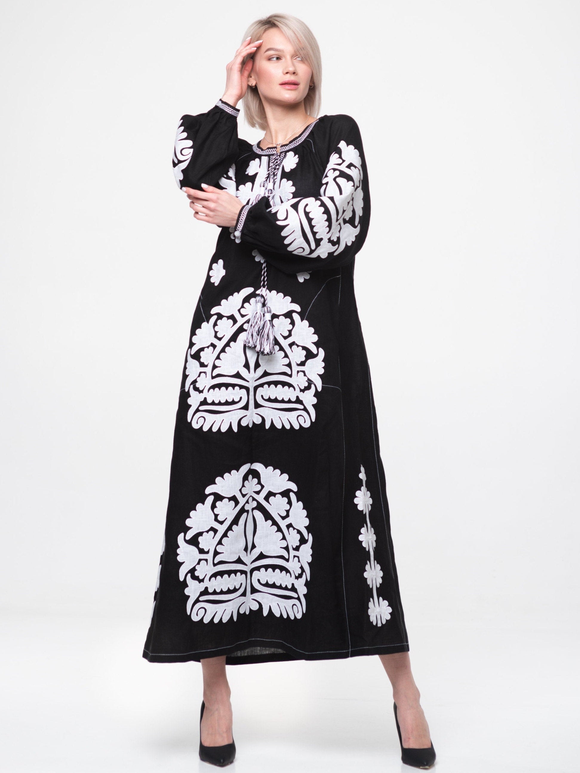 Shalimar black wedding dress Embroidered maxi kaftan dress with ethnic ukrainian applique embroidery Bohemian clothing