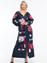 Parrot embroidered dress kaftan Fashion applique linen boho dress Bohemian wedding guest clothing